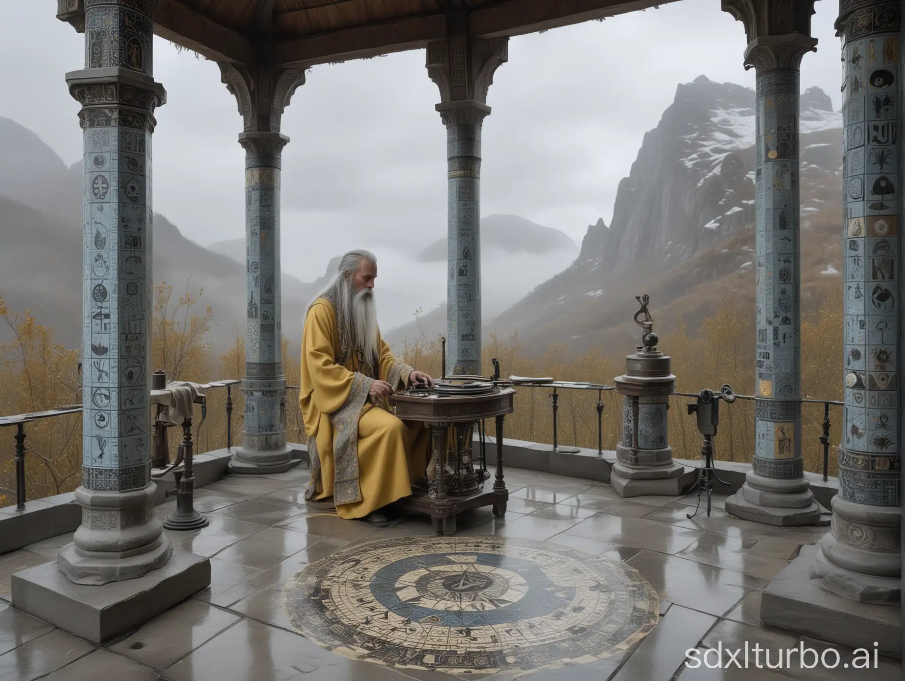 A vast outdoor gothic laboratory, light blue and gray mosaic columns, floor; an antique phonograph; measure instruments; a male Nordic shaman with long grey hair and a light yellow tunic decorated with mystical symbols, cloudy mountain in the back, chiaroscuro, foggy Nordic atmosphere, high precision, highly detailed, photographic