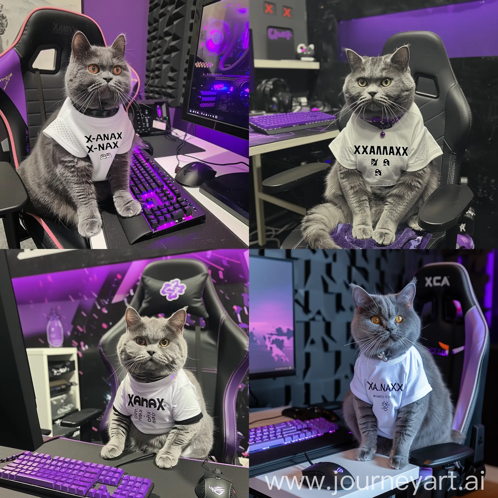 A gray cat of the British breed sits on a computer chair at a table on which there is a purple keyboard and a black gaming mouse , behind the cat there is a black and purple wall , the cat is dressed in a white T-shirt with , xanax-x-a-n-a-x , written in the center