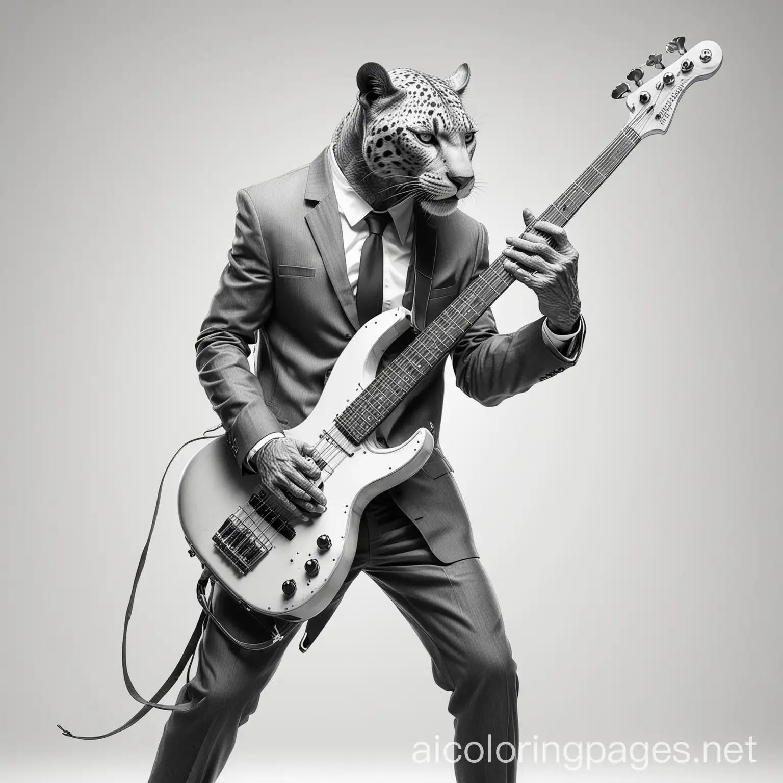 panther person in a suit playing a bass guitar, Coloring Page, black and white, line art, white background, Simplicity, Ample White Space. The background of the coloring page is plain white to make it easy for young children to color within the lines. The outlines of all the subjects are easy to distinguish, making it simple for kids to color without too much difficulty