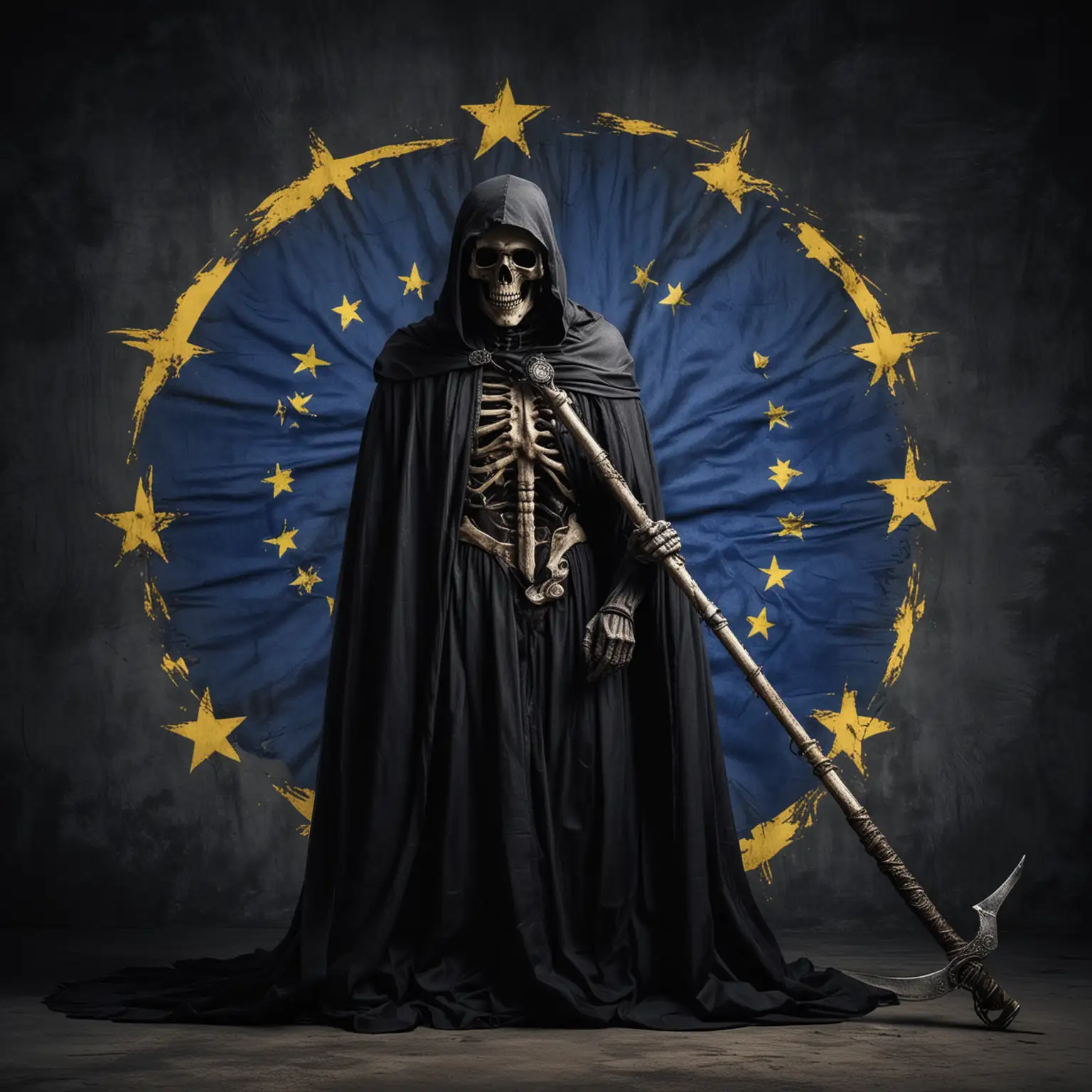 śmierć z kosą w płaszczu z flagi unii europejskiej