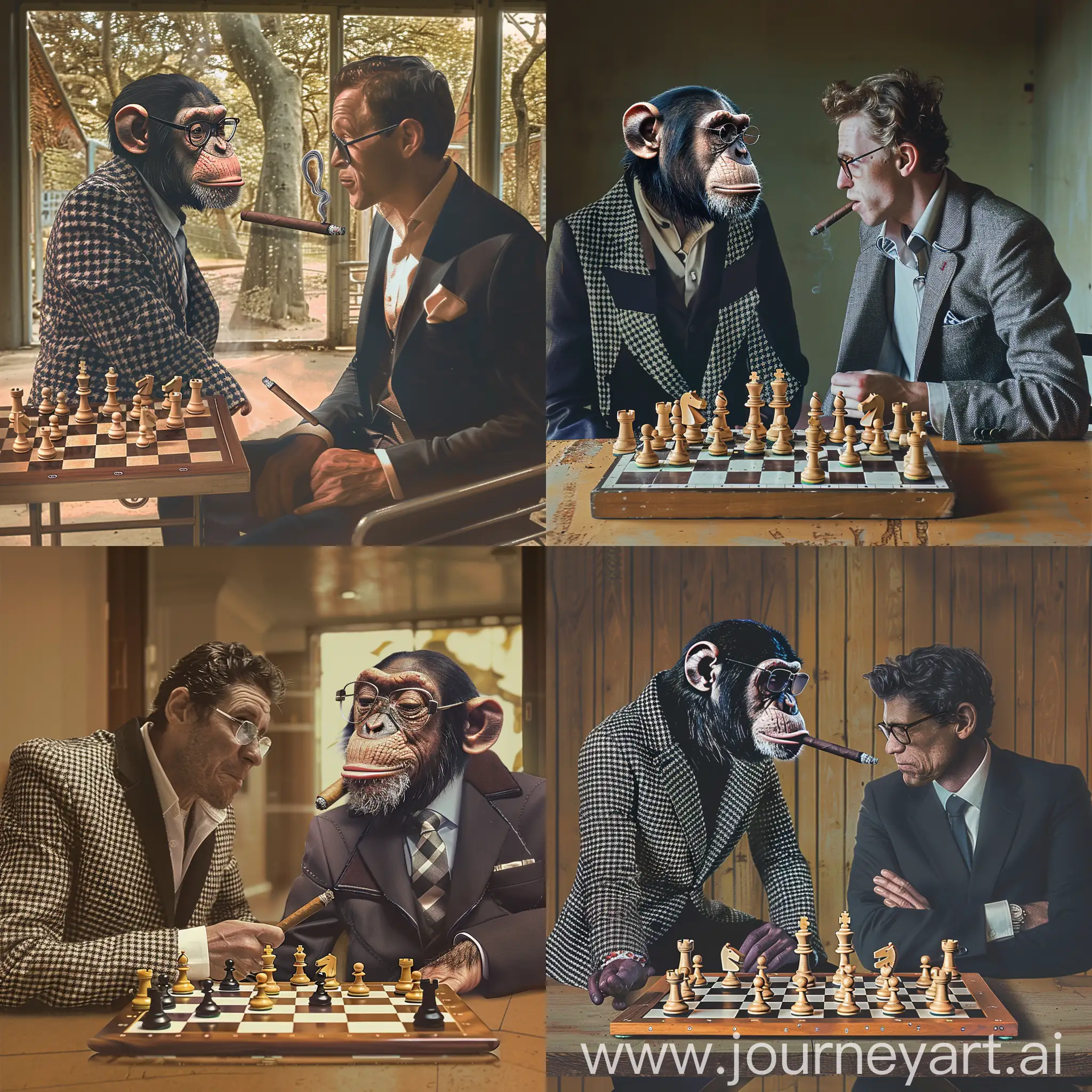 Парень сидит в классическом костюме в зоопарке. перед ним стоит шахматная доска с шахматами. Против него играет обезьяна с сигарой в клетчатой жилетке и в очках. Парень нервничает, а обезьяна надменно ухмыляется, потому что преимущество на ее стороне
