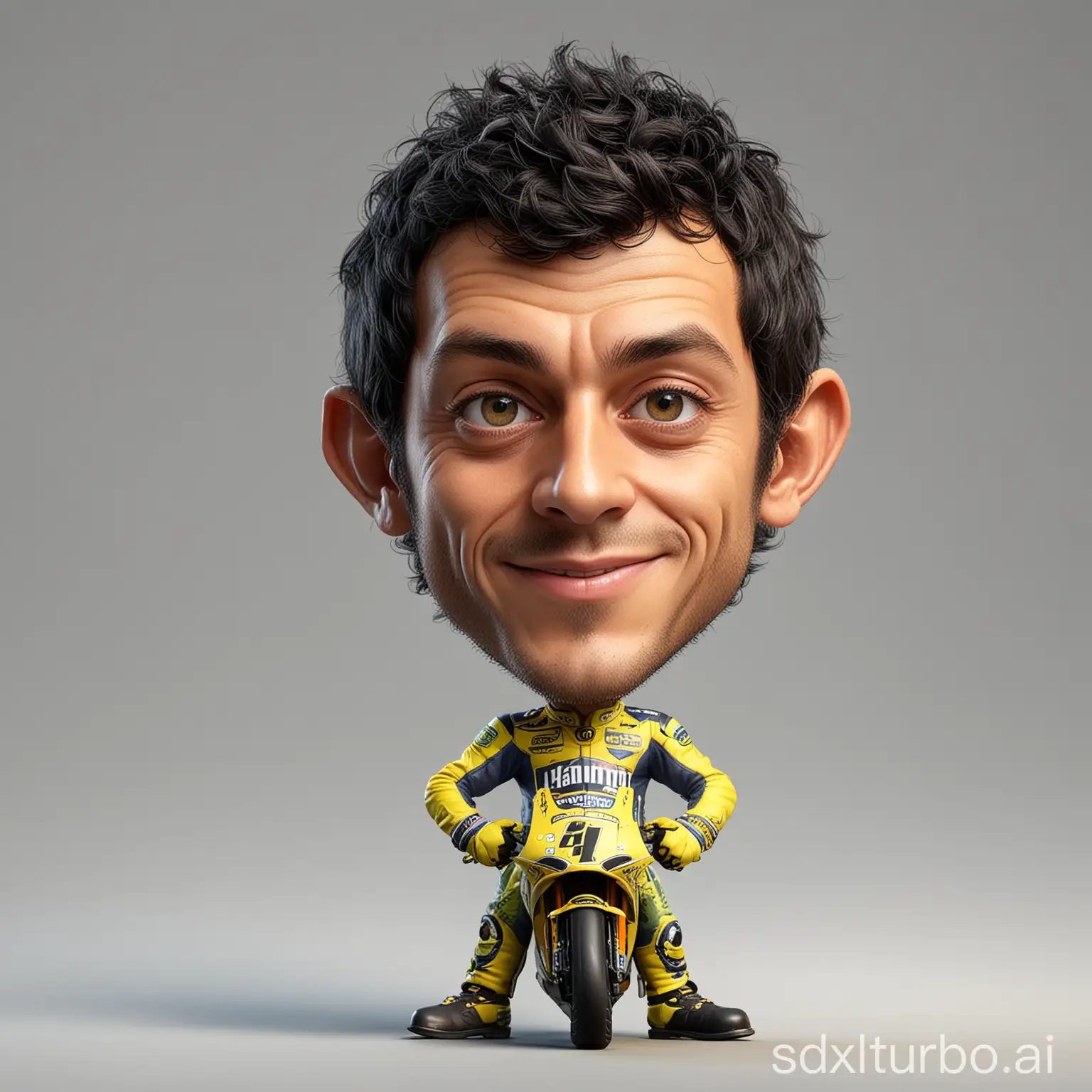 funny caricature photo, valentino rossi professional photo, neat black hair, with big head, short sharp focus, 21K UHD realistic details, full body view, blank background, cute colored,