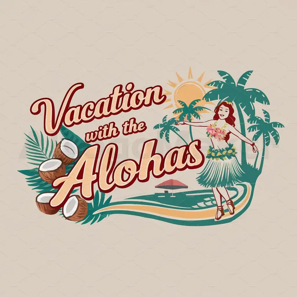 a logo design,with the text "VACATION WITH THE ALOHAS", main symbol:Hawaii/Aloha/Hula dance/Coconut/Summer/America/Beach/Sun/1950s/Kind,Moderate,clear background