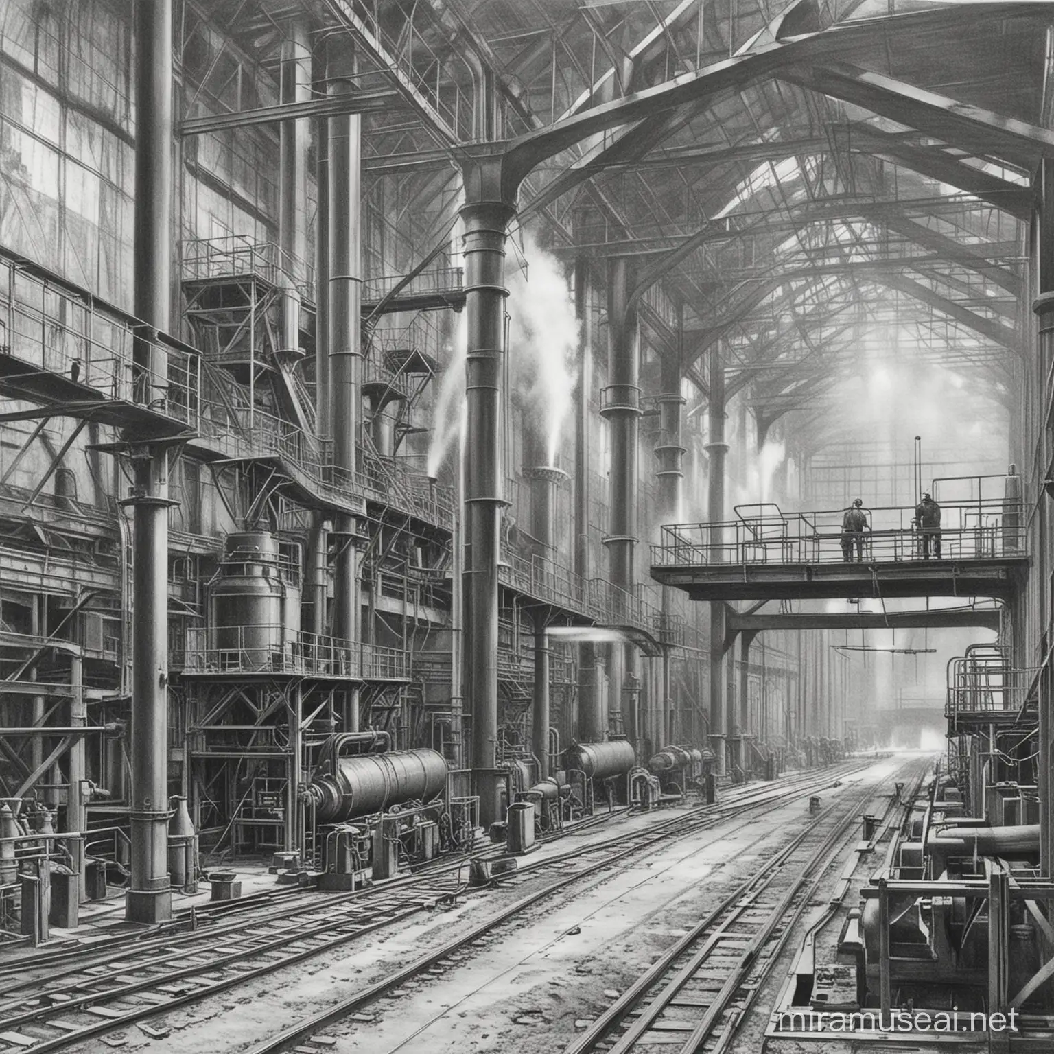 Industrial Steel Making Plant Sketch in Monochrome