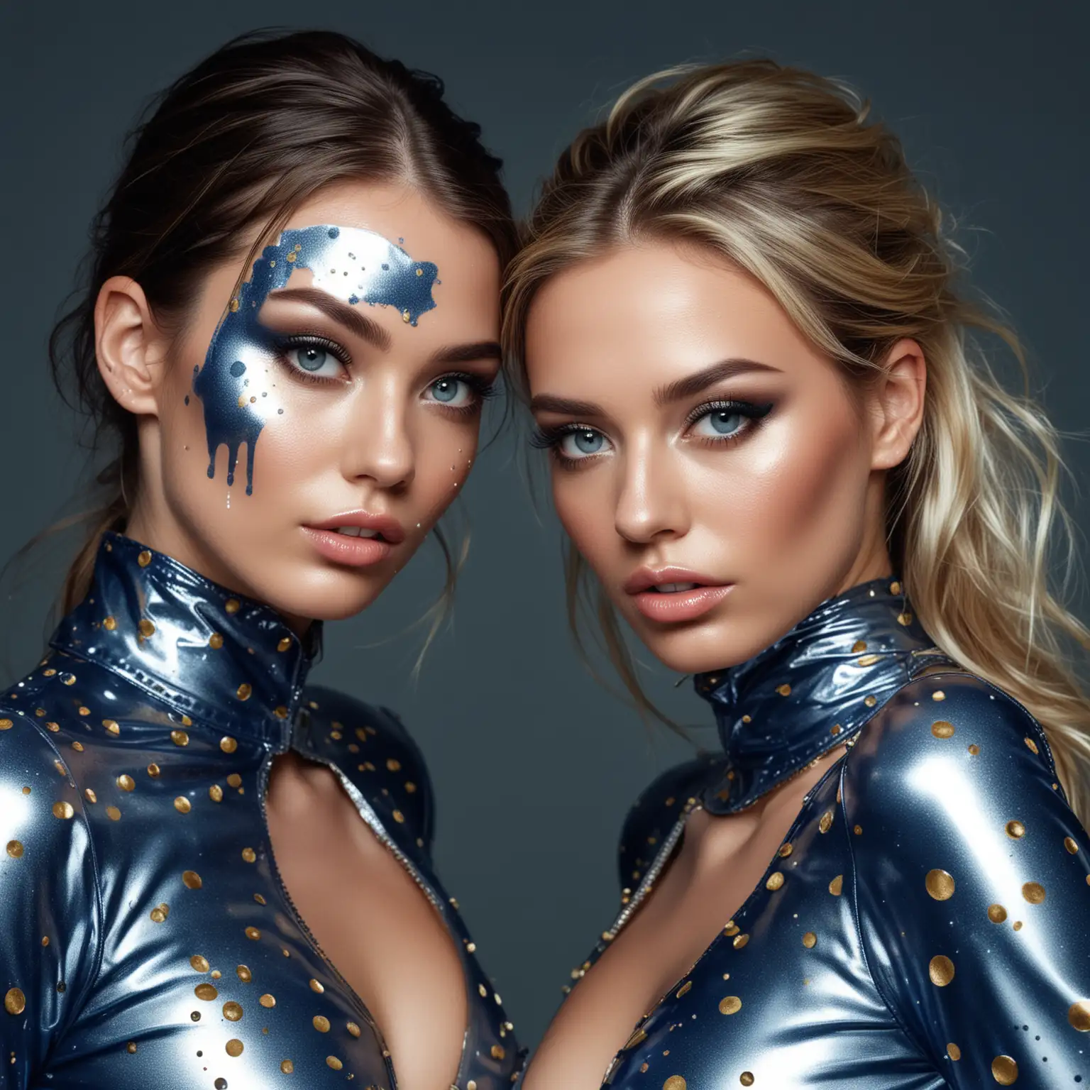 two pretty woman in latex suite, makeup victoria secret atmosphere , very realistic with no background, with blue, silver , gold , blue spots, in studio 
