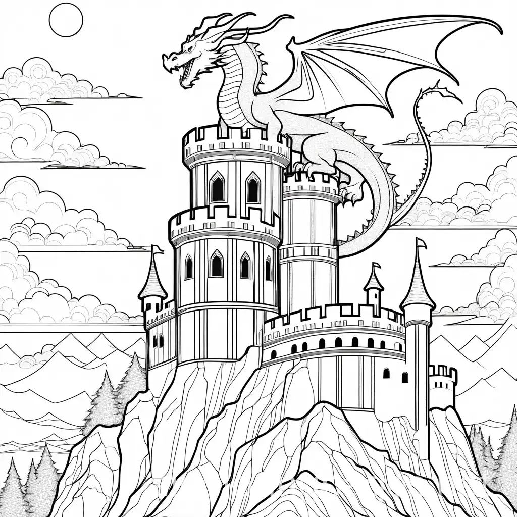 A majestic dragon perched atop a crumbling castle tower, with its scales glistening in the moonlight., Coloring Page, black and white, line art, white background, Simplicity, Ample White Space. The background of the coloring page is plain white to make it easy for young children to color within the lines. The outlines of all the subjects are easy to distinguish, making it simple for kids to color without too much difficulty