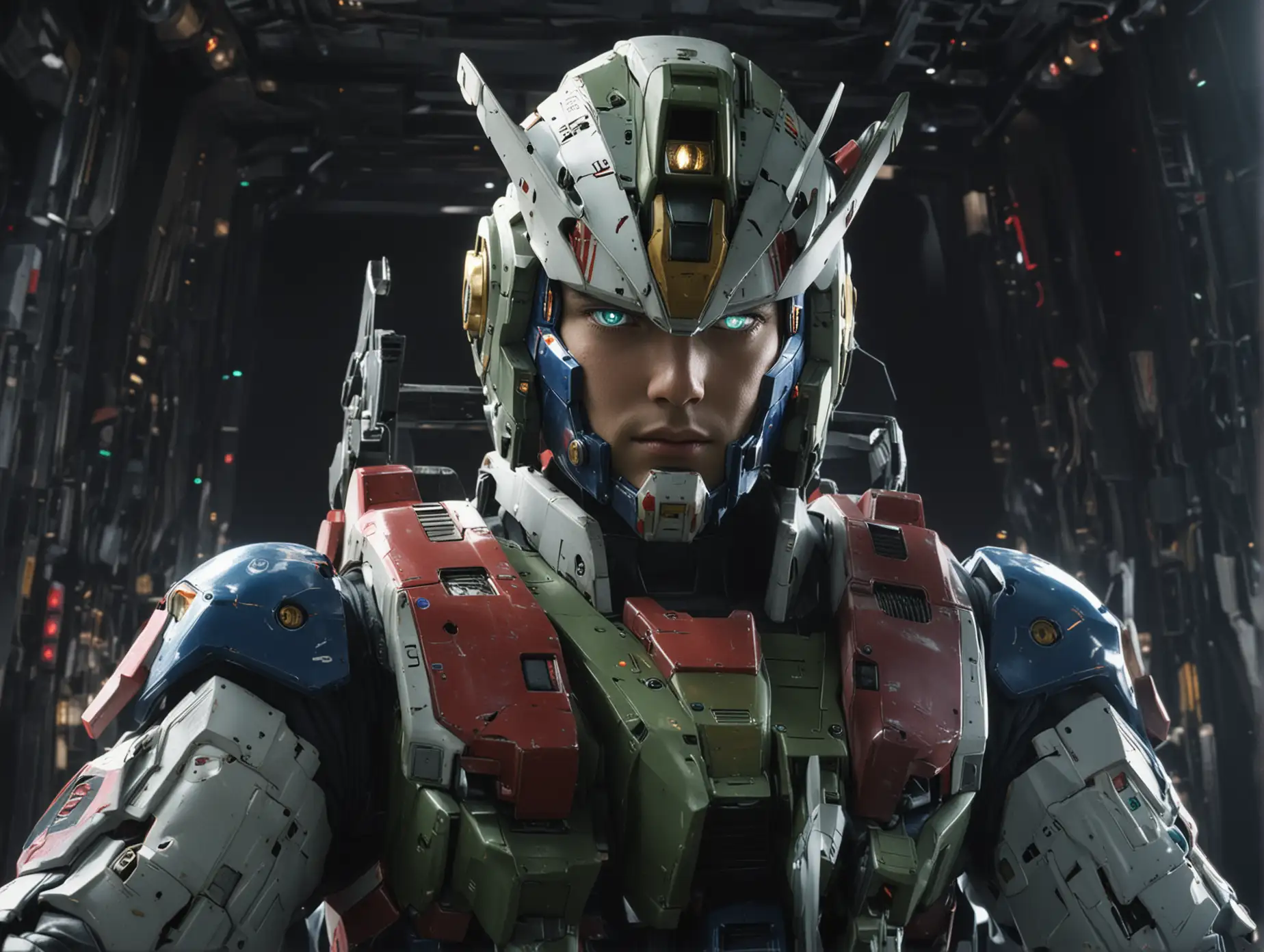 Generate a full-body image of a person piloting a mobile suit Gundam, with the Gundam's head and body still appearing in the frame. The pilot, a young adult with a determined expression, is seated inside the cockpit, which is partially open. The pilot is wearing a futuristic pilot suit with advanced displays and controls around them. Their hands are on the controls, and their face is illuminated by the glow of the displays, showing a mix of concentration and excitement. The Gundam's head, towering above the pilot, is partially visible in the frame, showcasing its advanced design and features. The low-angle viewpoint should emphasize the scale and power of the Gundam, while also highlighting the connection between the pilot and the machine