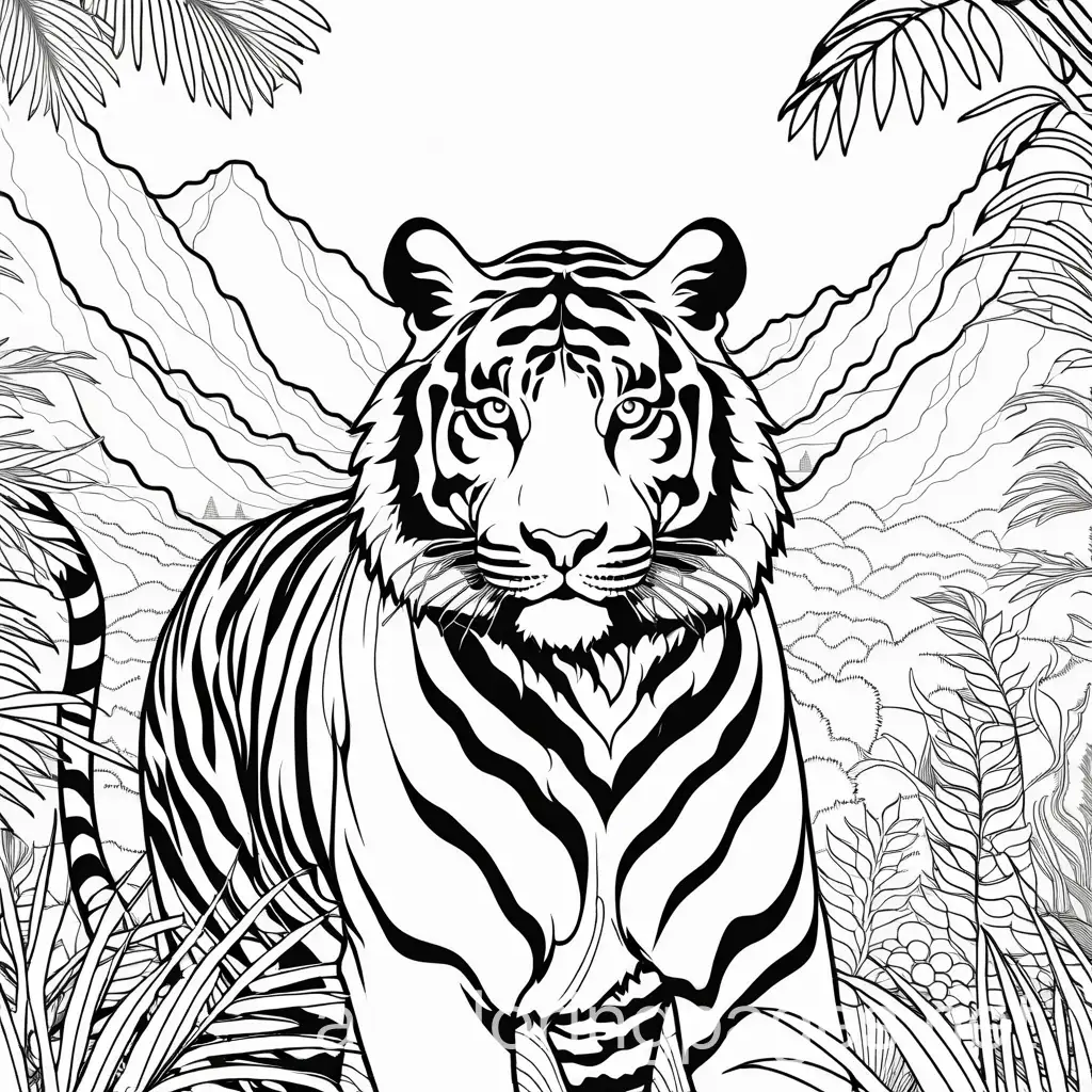 tiger with jungle background line art, Coloring Page, black and white, line art, white background, Simplicity, Ample White Space. The background of the coloring page is plain white to make it easy for young children to color within the lines. The outlines of all the subjects are easy to distinguish, making it simple for kids to color without too much difficulty