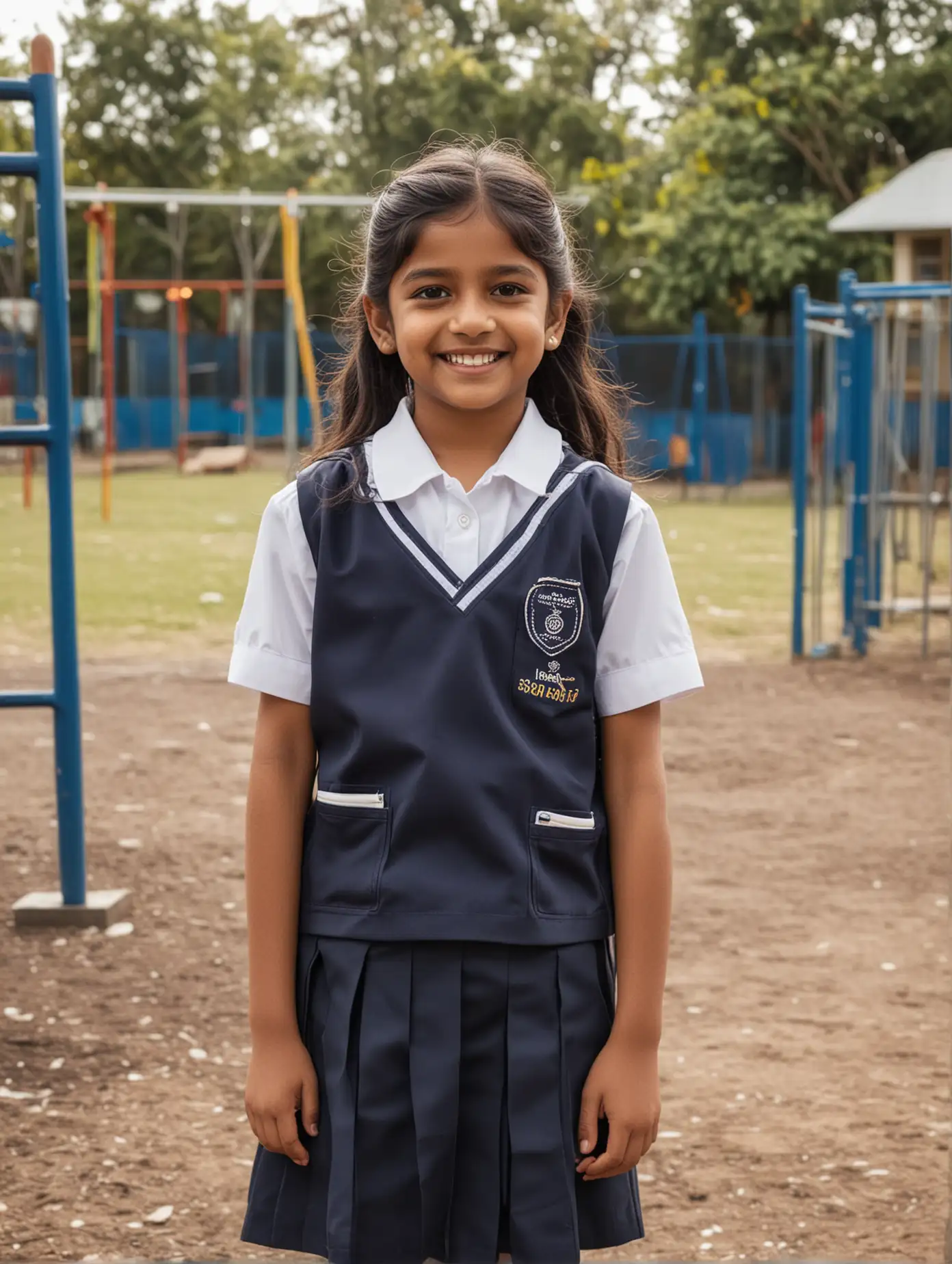 一位印度一年级小学生，穿着校服，微笑，背景是学校操场。