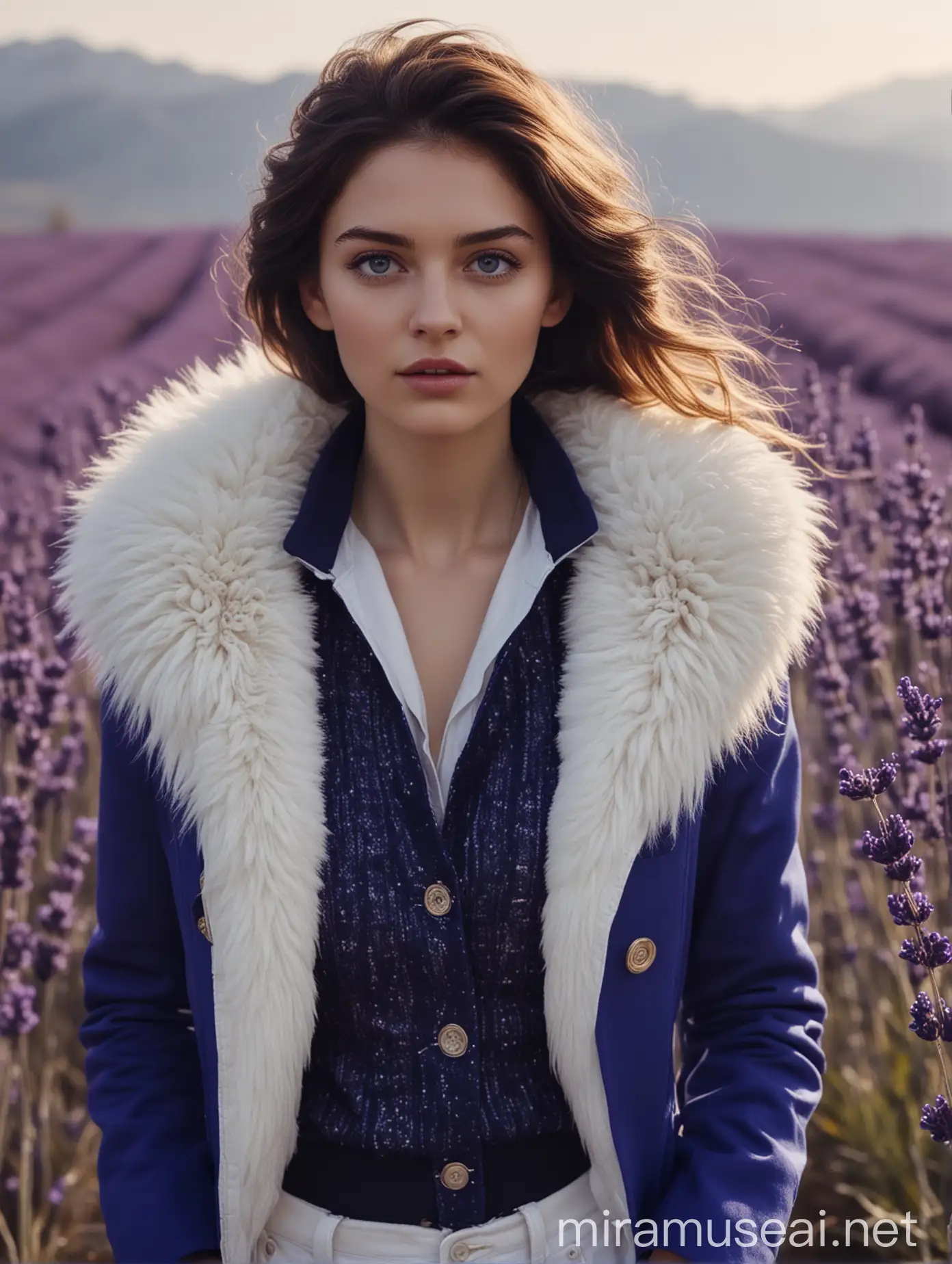 A tall slender woman with lavender eyes, a royal blue jacket with a white fur collar, a lavender scarf or sweater and blue pants, athletic, portrait, cinematic 