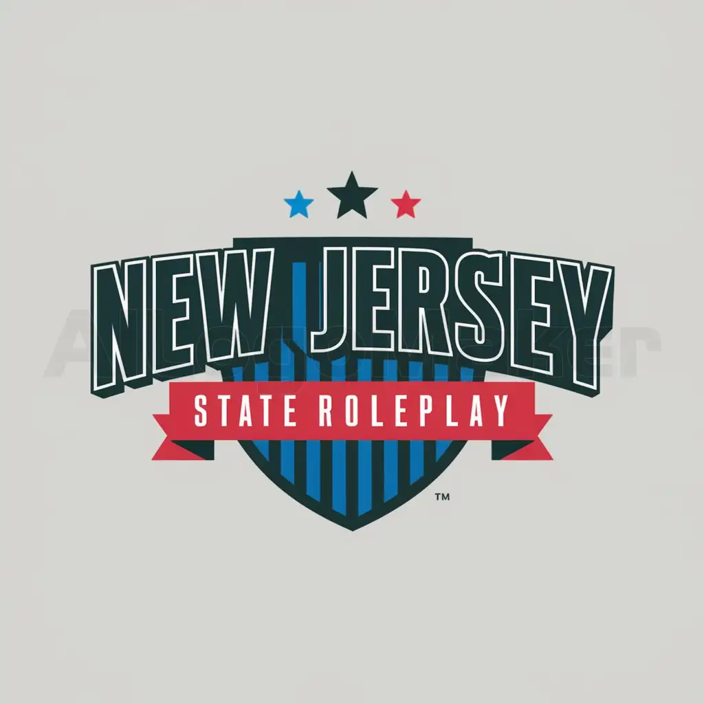 a logo design,with the text "new Jersey", main symbol:Make me a FiveM server logo that says NewJersey State Roleplay make the word bold and make it a shield and add three stars on top of it and make the NewJersey word blue and the State roleplay red and make the stars on the top top one blue and the other two red. and make sure it does not have anything in the background or and it doesn't say FiveM server.,Moderate,clear background
