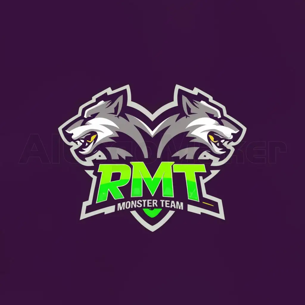 a logo design,with the text "RMT - Racing Monster Team", main symbol:two wolves one green one purple,Moderate,be used in Sports Fitness industry,clear background