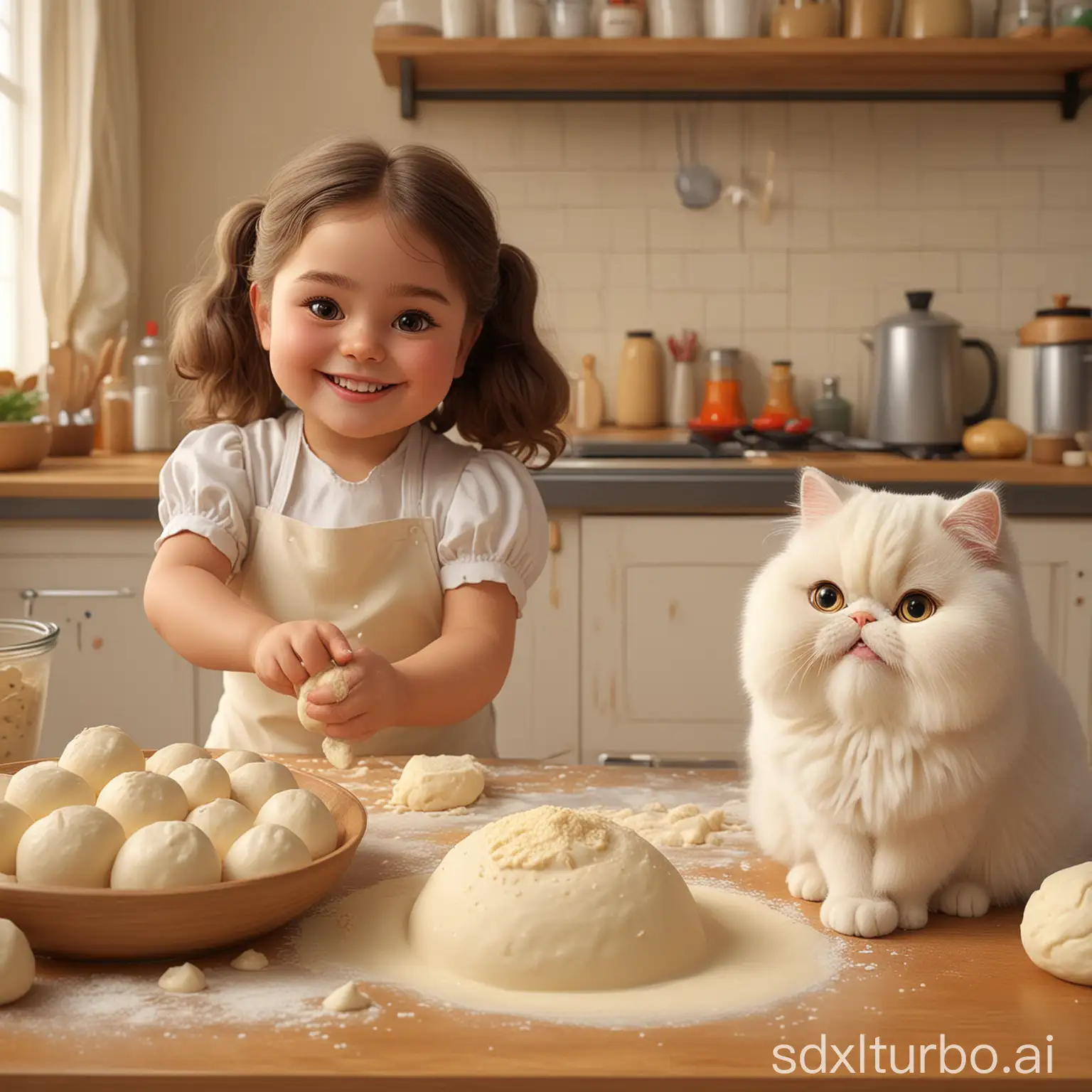 cartoon 4D super realistic 16k, image of a chubby little girl making dough, next to her there's a plump Persian cat sitting beside her with a happy smiling face, minimalist kitchen background