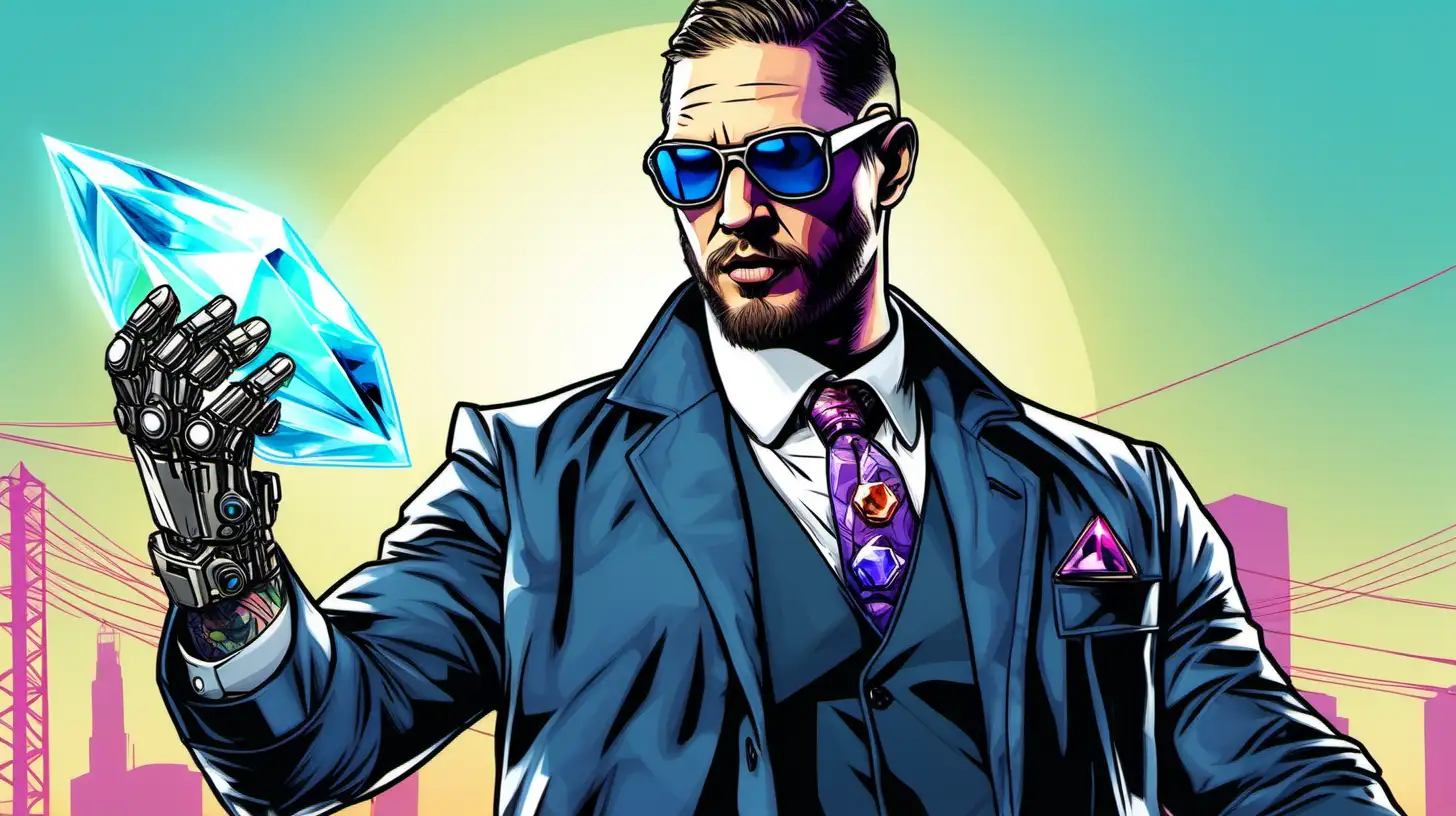 Tom Hardy is a robot, holding a gem, blue light aura, wearing sun glasses, GTA 5 style artwork.