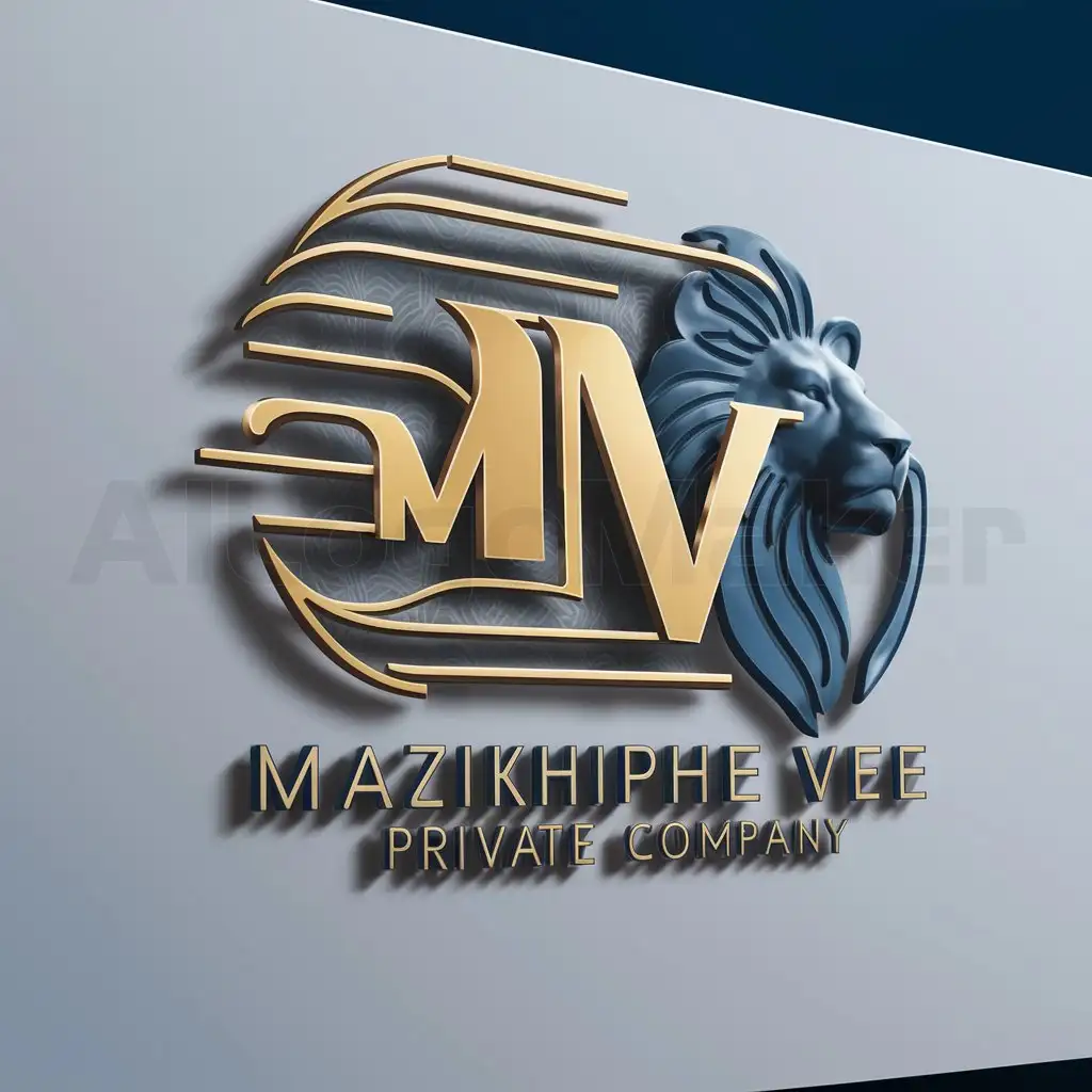 a logo design,with the text "Mazikhiphe Vee", main symbol:Generate a stunning, modern name logo design for Mazikhiphe Vee Private Company. Incorporate a bold, golden font with intricate, curved lines and subtle African patterns in the background. Add a regal lion's head or an elegant 'MV' monogram, symbolizing strength and professionalism. Use a color scheme of deep blues and golds, evoking trust, luxury, and excellence. Create a 3D effect with a slight shadow and glow, giving the logo a dynamic, high-end feel.,Moderate,be used in ni hao shi jie industry,clear background