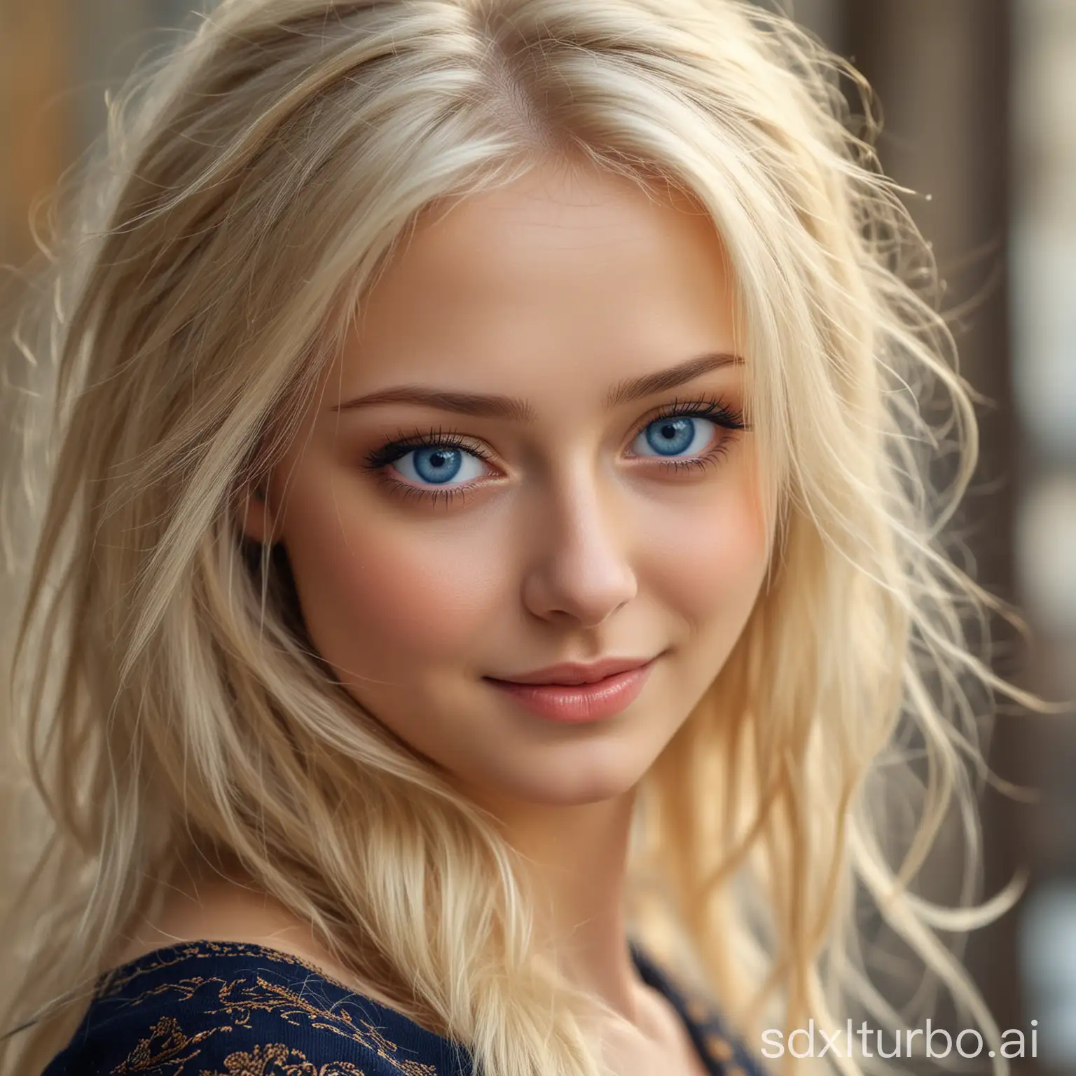 俄罗斯美女，高挑，金发碧眼，精致，优雅，肌肤白皙，曲线优美，眼睛深邃，气质独特，神秘感，笑容迷人，蓝眼睛，高鼻梁，高清