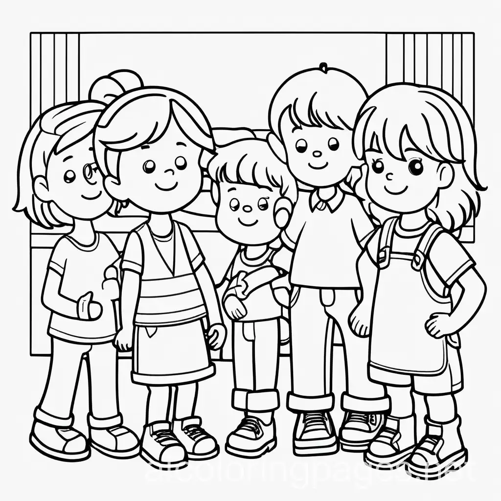 kids being cordial to one another: coloring page, Coloring Page, black and white, line art, white background, Simplicity, Ample White Space. The background of the coloring page is plain white to make it easy for young children to color within the lines. The outlines of all the subjects are easy to distinguish, making it simple for kids to color without too much difficulty