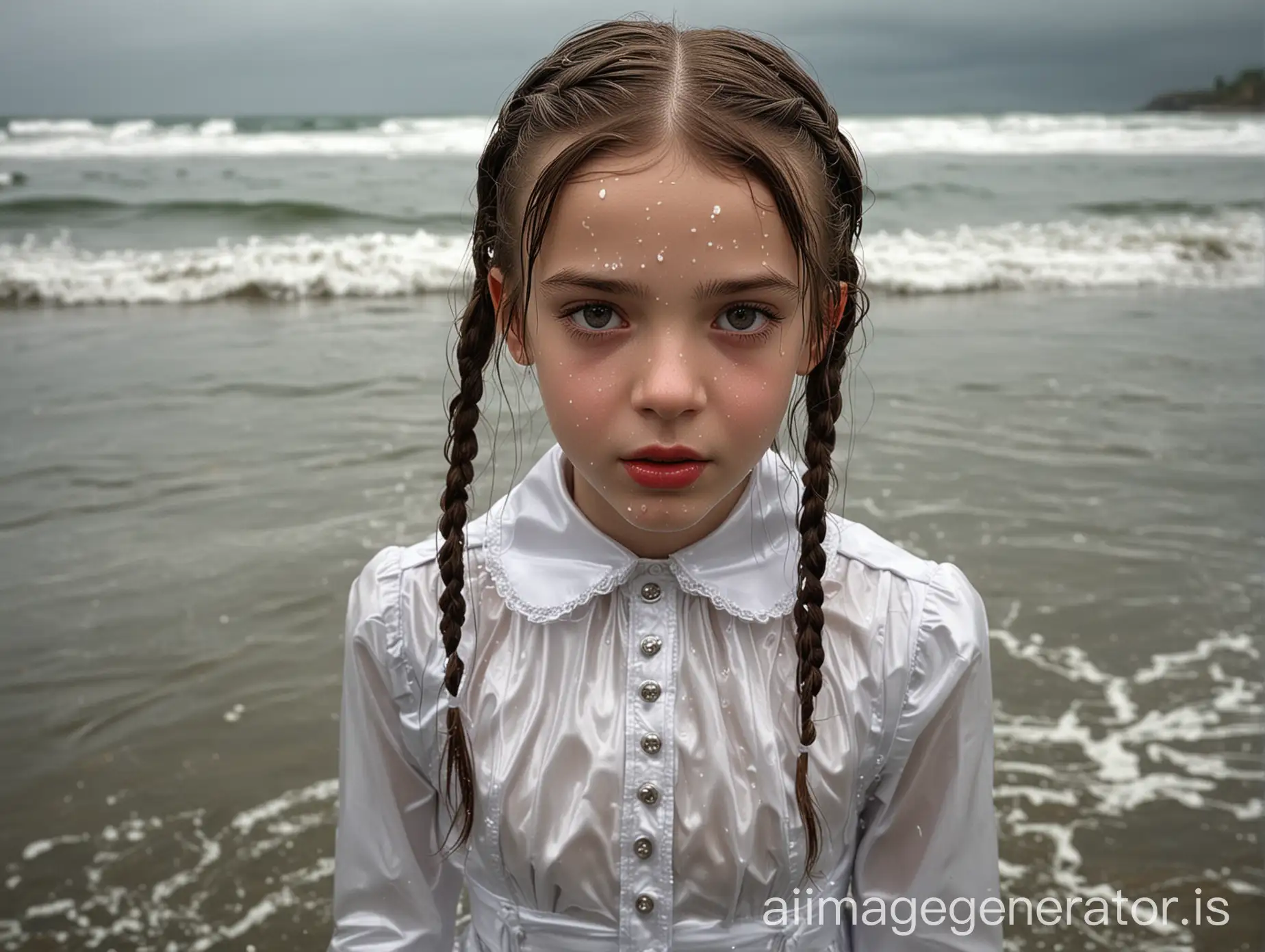 hyperrealistic image in the highest quality. full length shot of a little 10 year old  french girl. extremely skinny. extremely white skin. big darkbrown eyes. two braids. mouth wide open. lips extremely shiny by the shiniest red lipgloss. she is stepping out of the sea in heavy summer rain. face, hari and clothes are totally dripping wet. mouth is filled with water. she is wearing an extremely shiny satin first communion outfit. collared and fully closed up. shiny latex ribbon over the collar, big shiny latex veil and lolita ribbon in the hair. shiny white tights and shiny satin gloves. she wears no jewellery. no elements made of metal or stones.