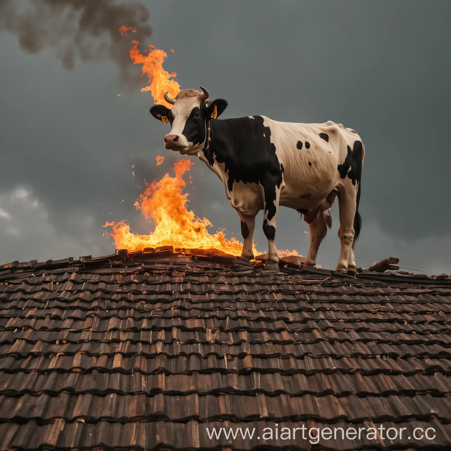 Mythical-Scene-FireBreathing-Cow-Perched-on-Rooftop