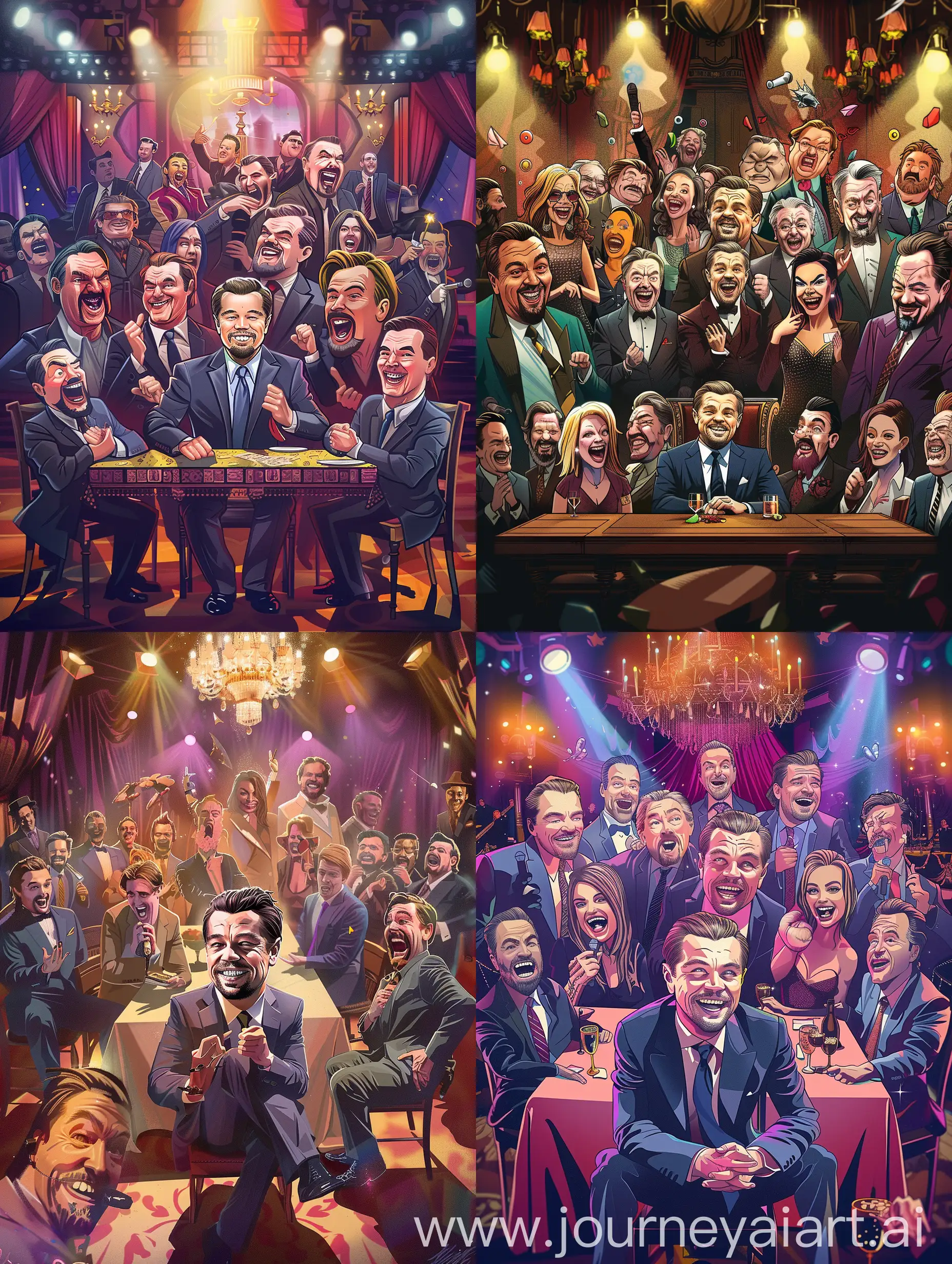 A vibrant digital illustration capturing the electrifying atmosphere of a celebrity roast featuring Leonardo DiCaprio as the guest of honor. The composition centers on DiCaprio seated at a grand banquet table adorned with lavish decor, surrounded by a diverse array of fellow actors and comedians. Each personality is depicted in exaggerated caricature, their expressions ranging from playful jest to uproarious laughter. DiCaprio, dressed in a tailored suit, sits with a mix of amusement and mock apprehension as various speakers take turns roasting him. Bright stage lights cast dramatic shadows, enhancing the theatrical ambiance of the event. The background showcases a luxurious ballroom setting, complete with ornate chandeliers and opulent furnishings, adding to the glitz and glamour of the occasion. Laughter echoes through the room as witty remarks and playful jabs fill the air, capturing the essence of this comedic spectacle. --ar 9:11