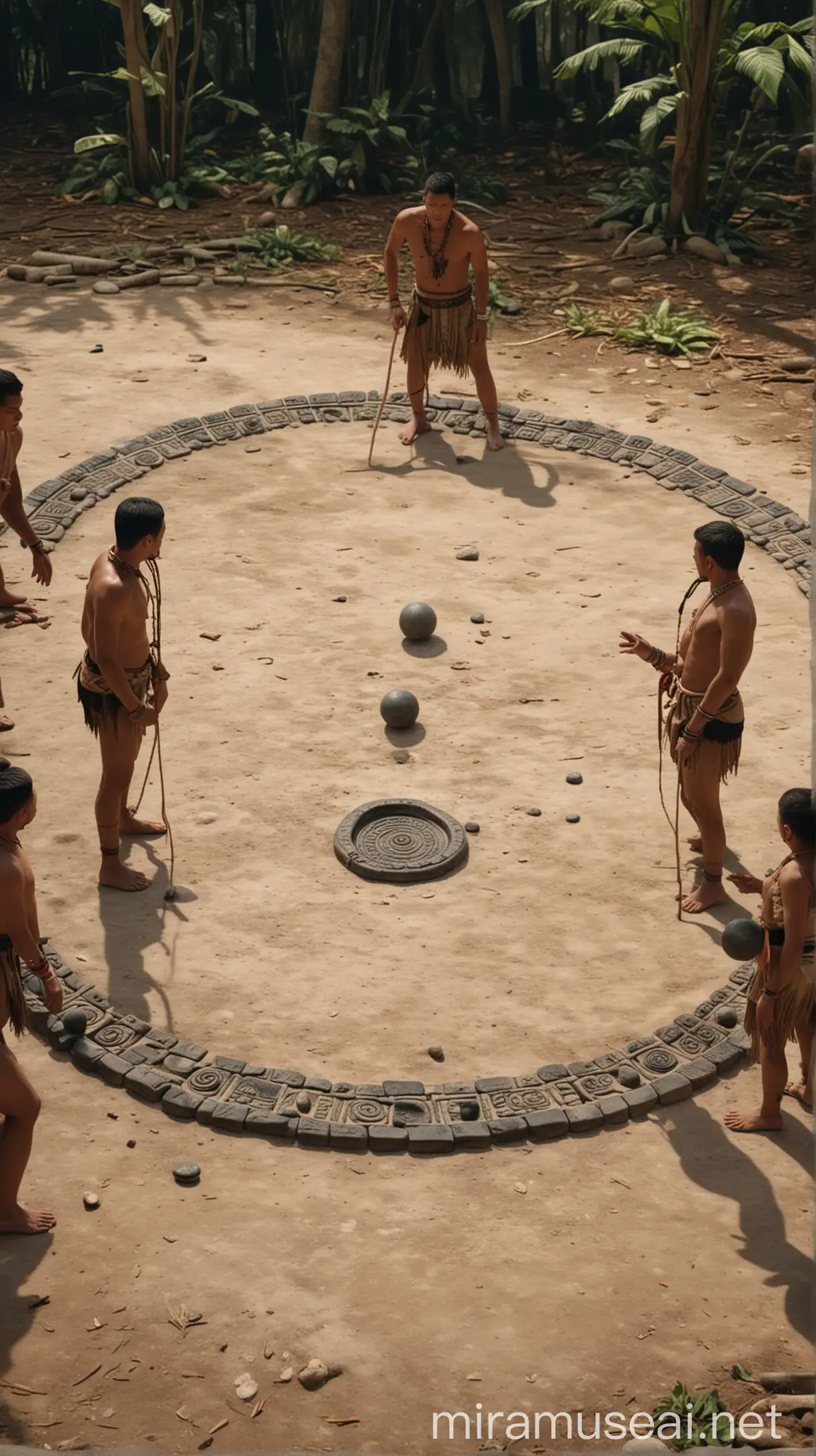 A Mayan Pok-A-Tok game in action, players using their hips and knees to pass a rubber ball through a stone ring, with a solemn audience watching. hyperrealistic, cinematic, 8k --ar 9:16