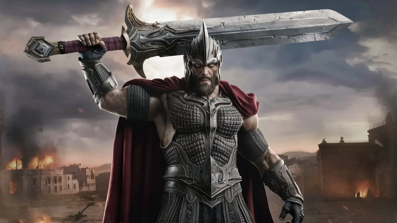 Goliath clad in his intimidating armor, brandishing his massive sword.