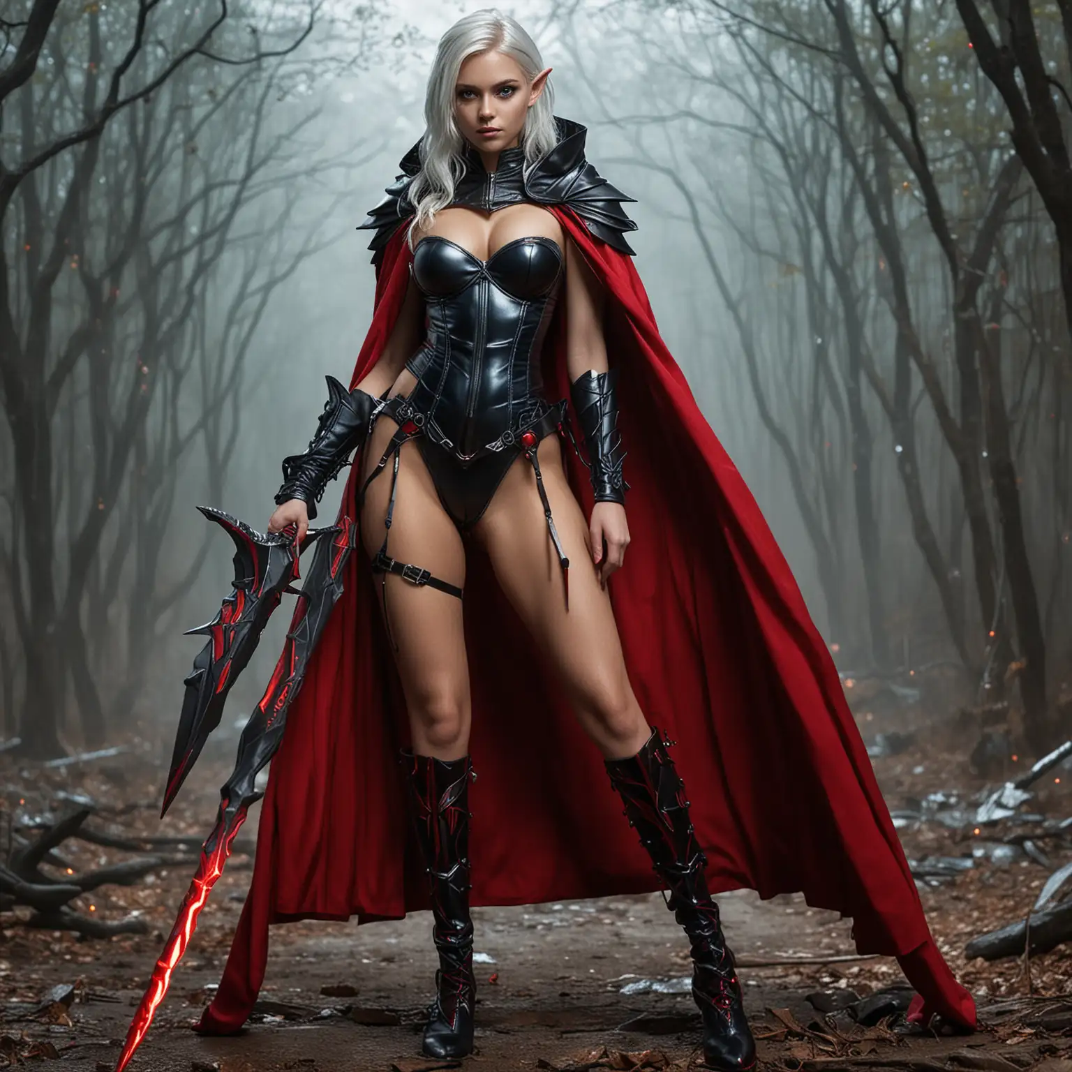 Two 19yo female elves, glamorous body, platinum hair, dark skin, blue eyes, air, medium breasts, red and black erotic bra and thongs, full body, thigh high red and black boots, holding a sleek futuristic laser spear, cape