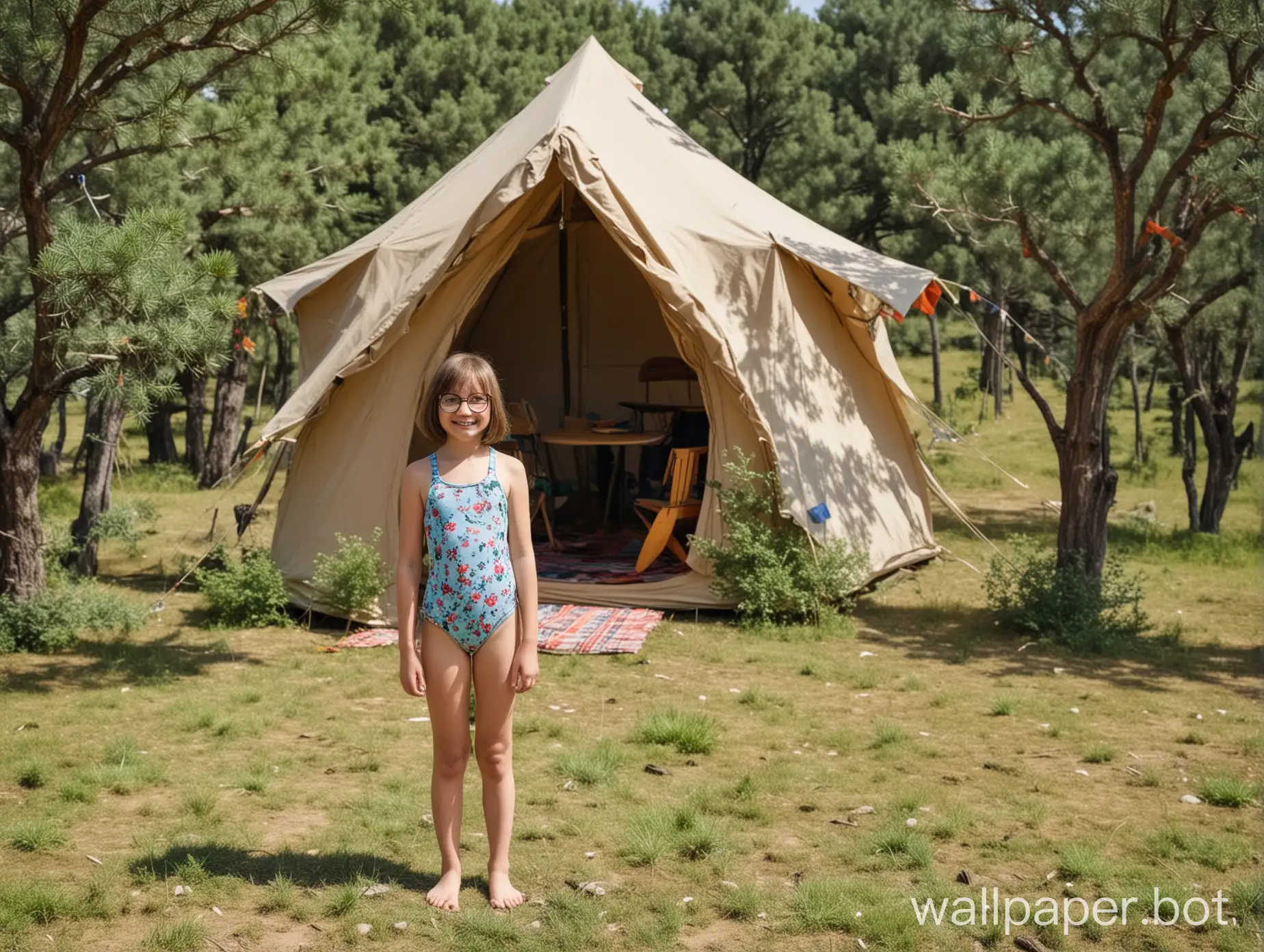 girl 12 years old with a bob, wearing glasses, swimsuit, at full height, juniper, oak, tent, people in the distance, smile