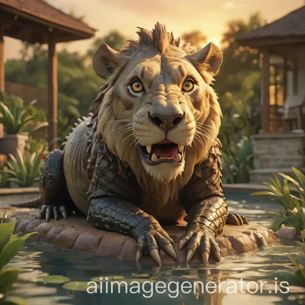 Garden, Outdoor pool, Crocodile, Lion, Wild boar, Sunset, Reflecting lights, High resolution, Perfect quality, Ultra realistic, Real photography