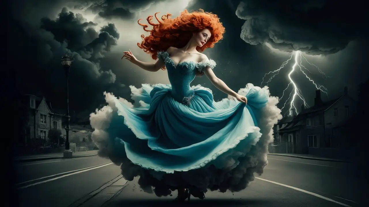 A surrealism painting of a beautiful woman with red hair in a blue dress dancing in the street, with a dark storm approaching in the background, in the style of Max Ernst.