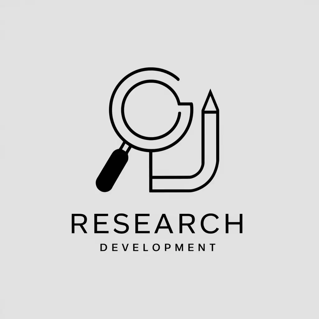 a logo design,with the text "R&D", main symbol:magnifying glass shaped R symbols and design D shaped pencil,Minimalistic,clear background