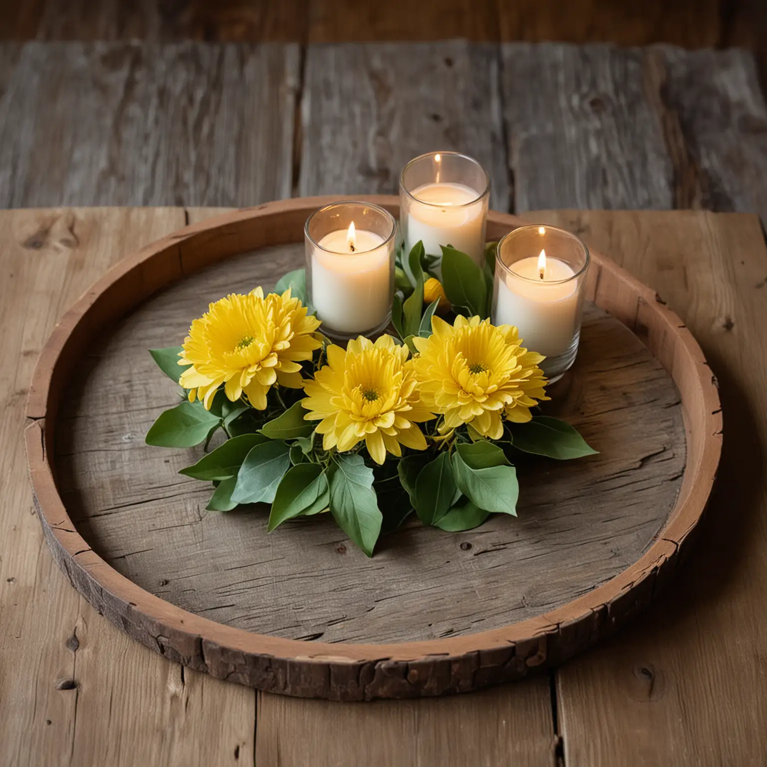 a small and simple rustic wedding centerpiece shown on a rustic wedding table, consisting of a rustic round tray holding lemons and votive candles and yellow flower blossoms