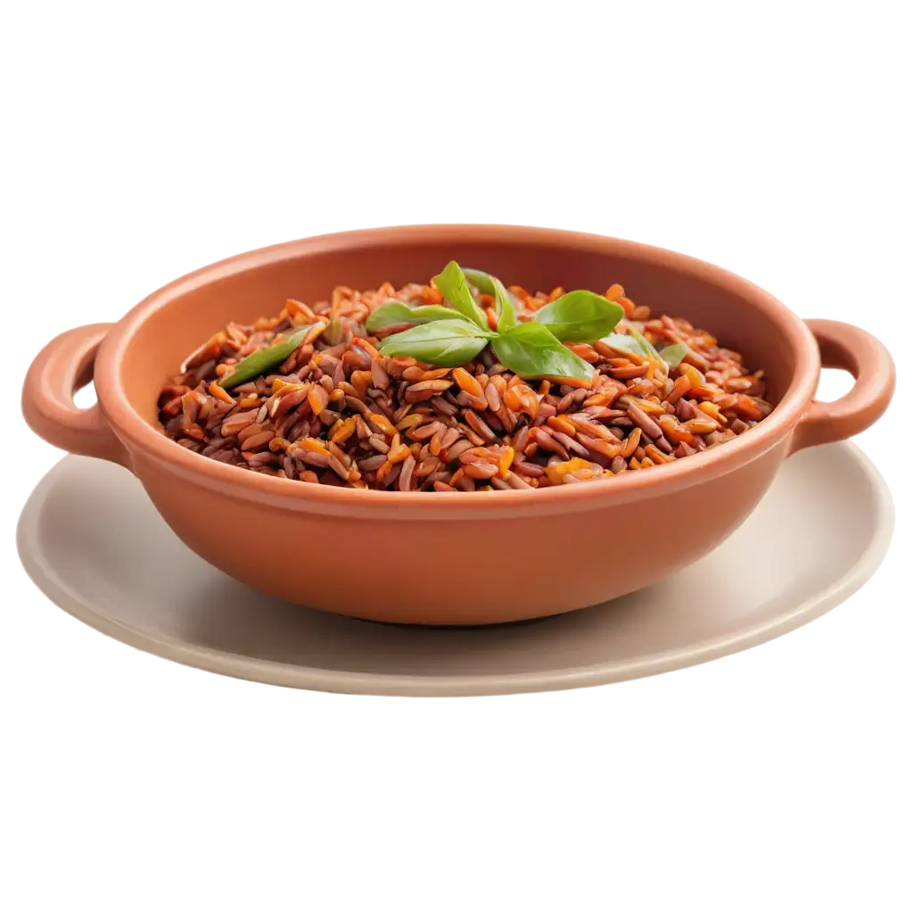 Mini tomatos and red cooked rice in traditional indian Tiny terracotta plate