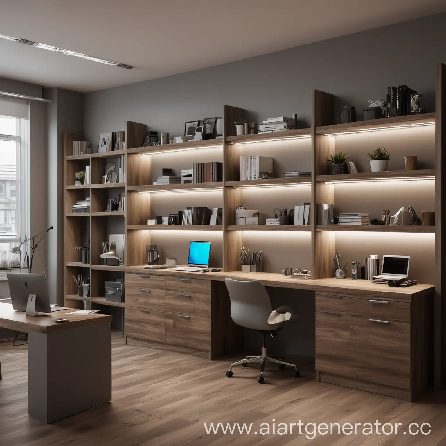 working area with shelves and cabinets office space for the company background with RGB blacklight in gray brown tones without bright colors