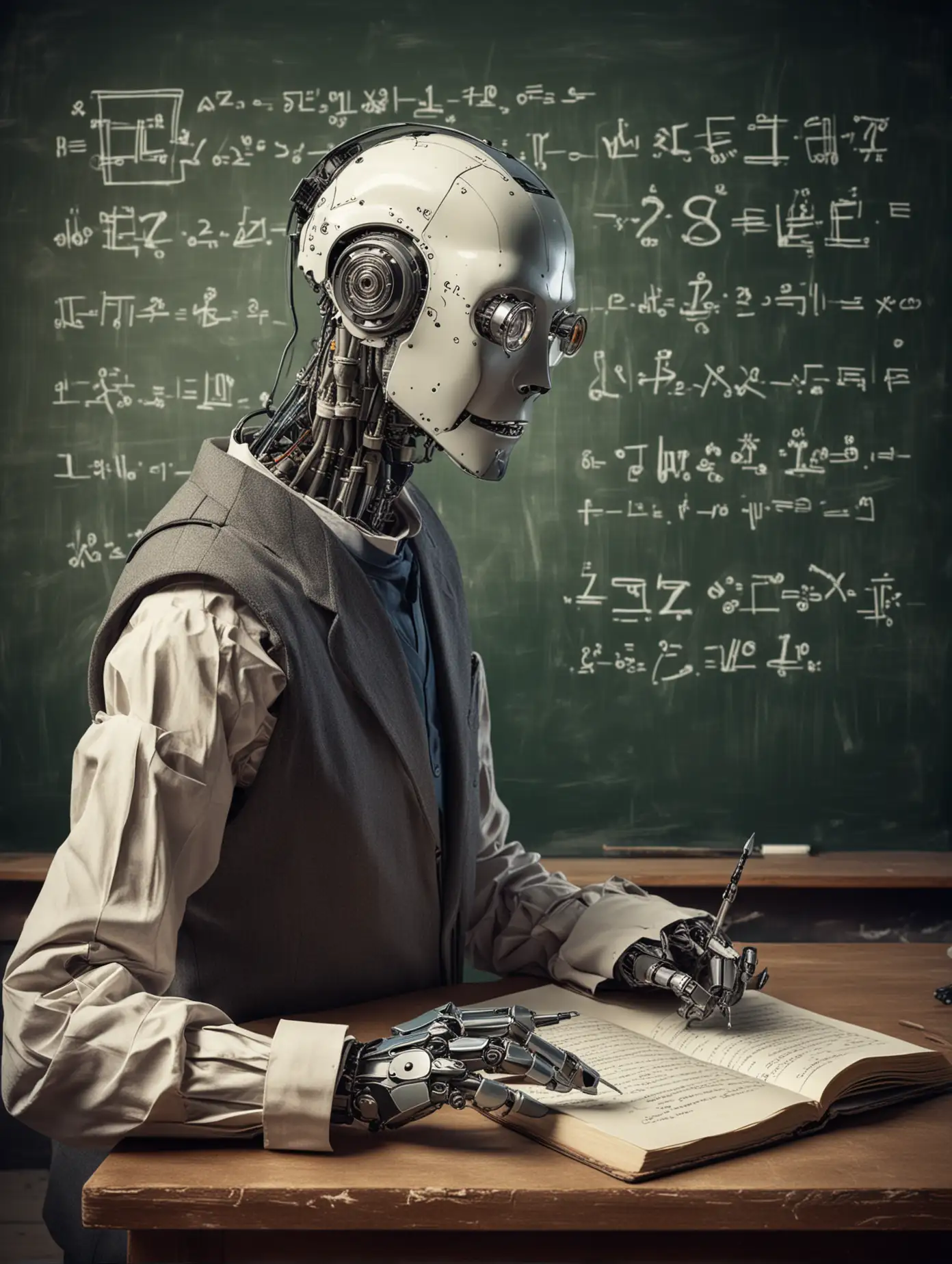 Intelligent Robot School Professor Writing Mathematical Formula on Blackboard