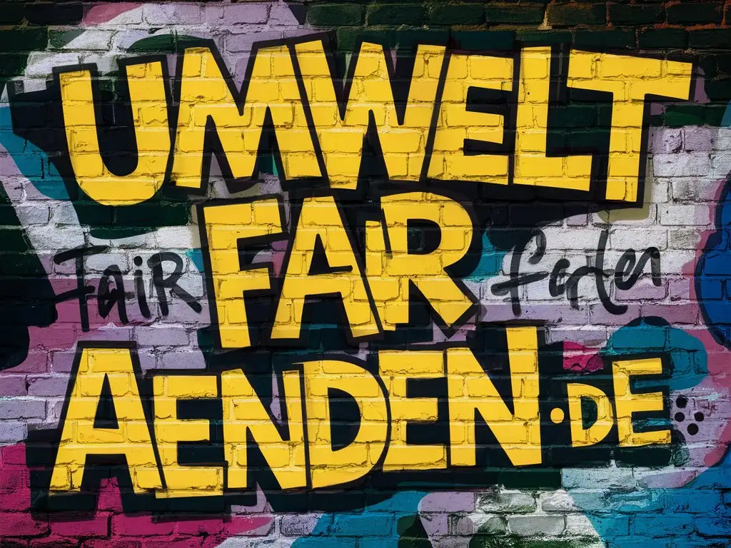 Die Zeile " umwelt FAIR aendern .de" als Grafiti deutlich in bunter Schrift  gut lesbar an einer wand aus ziegelsteinen schreiben
