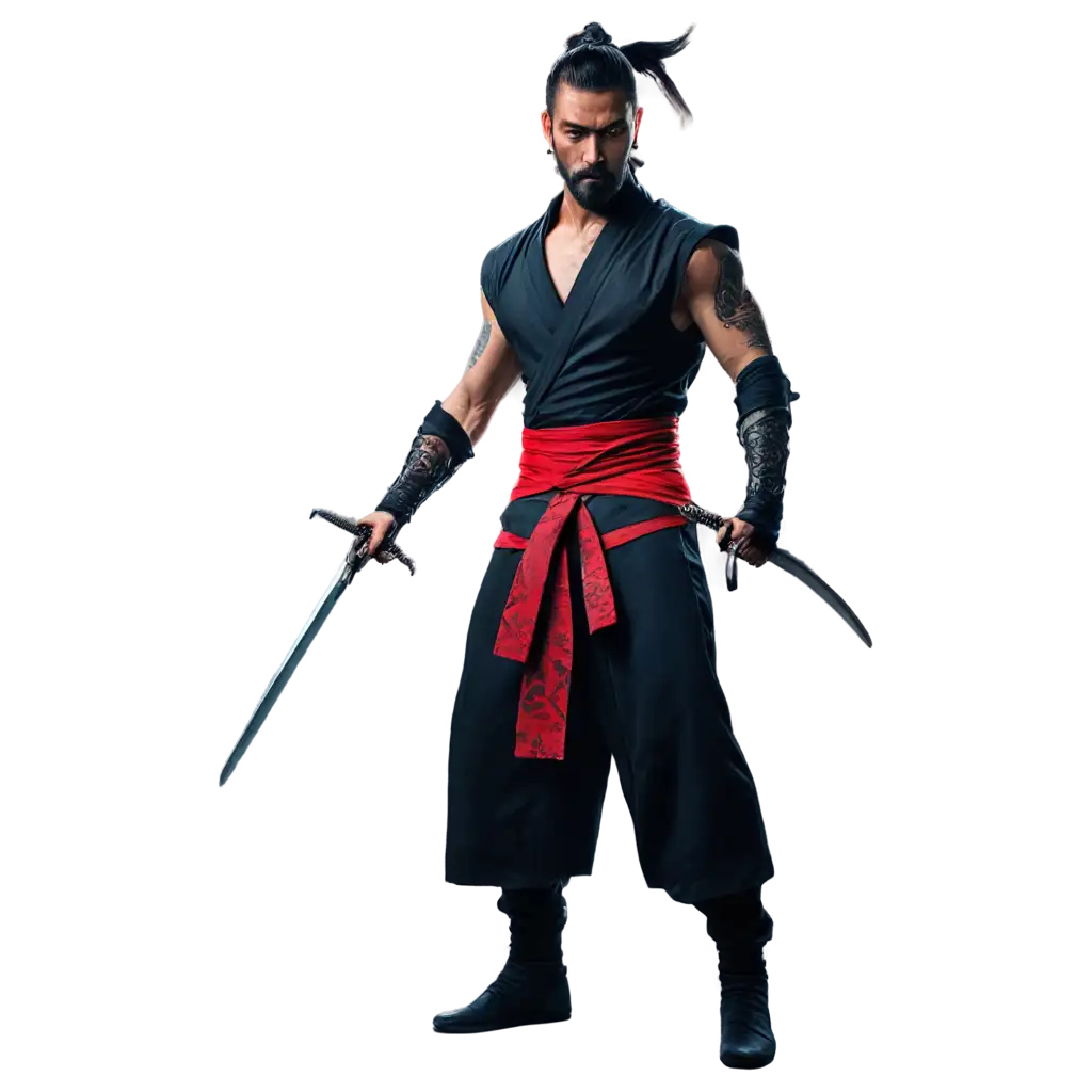 high-quality vibrant colorful, cenematic image for anime Ninja man with two sword in dragon Tattoed and ware a black red dress.