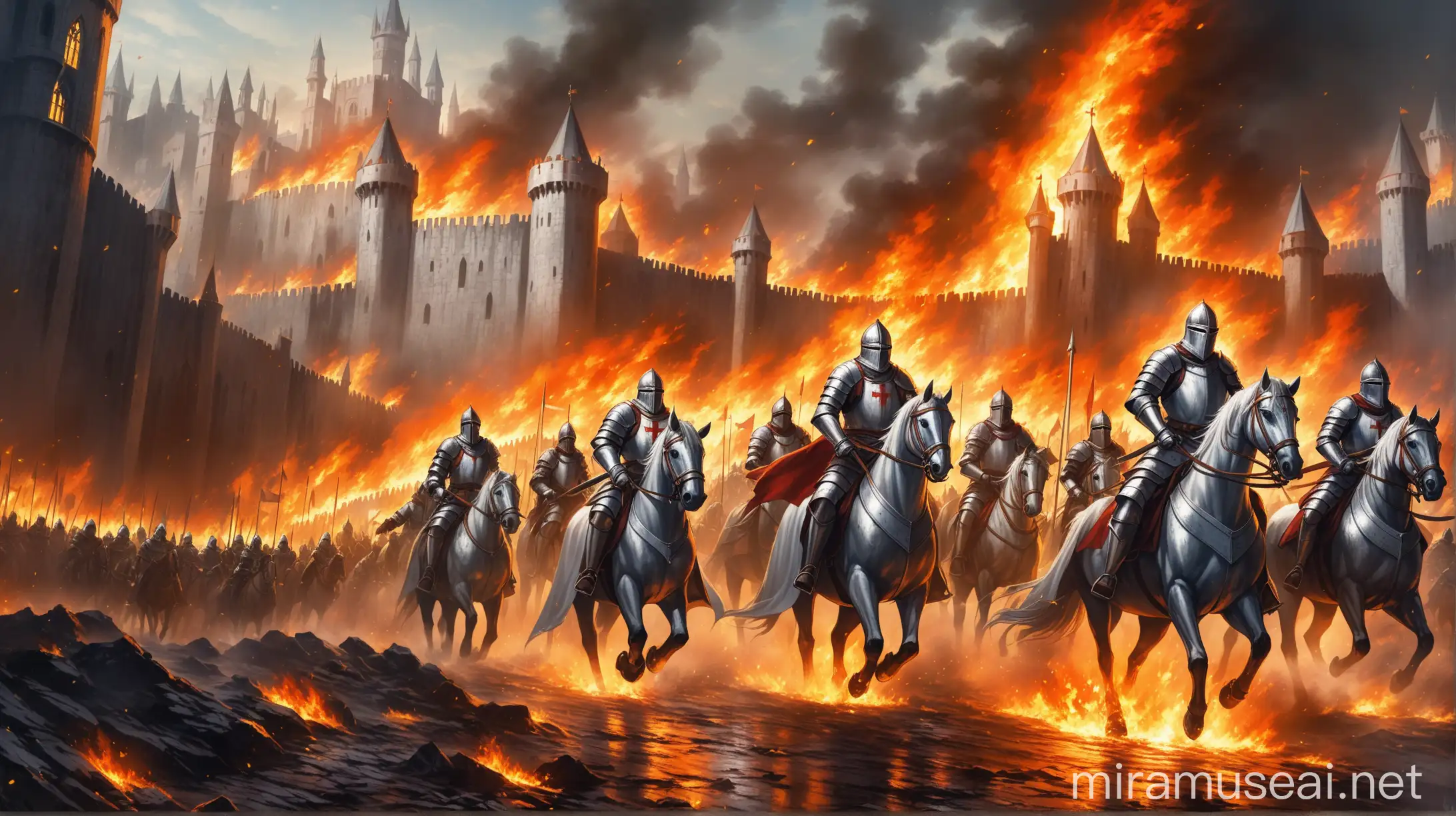 band of medieval crusaders, riding on horses, wearing silver armor, in a crumbling city, city on fire