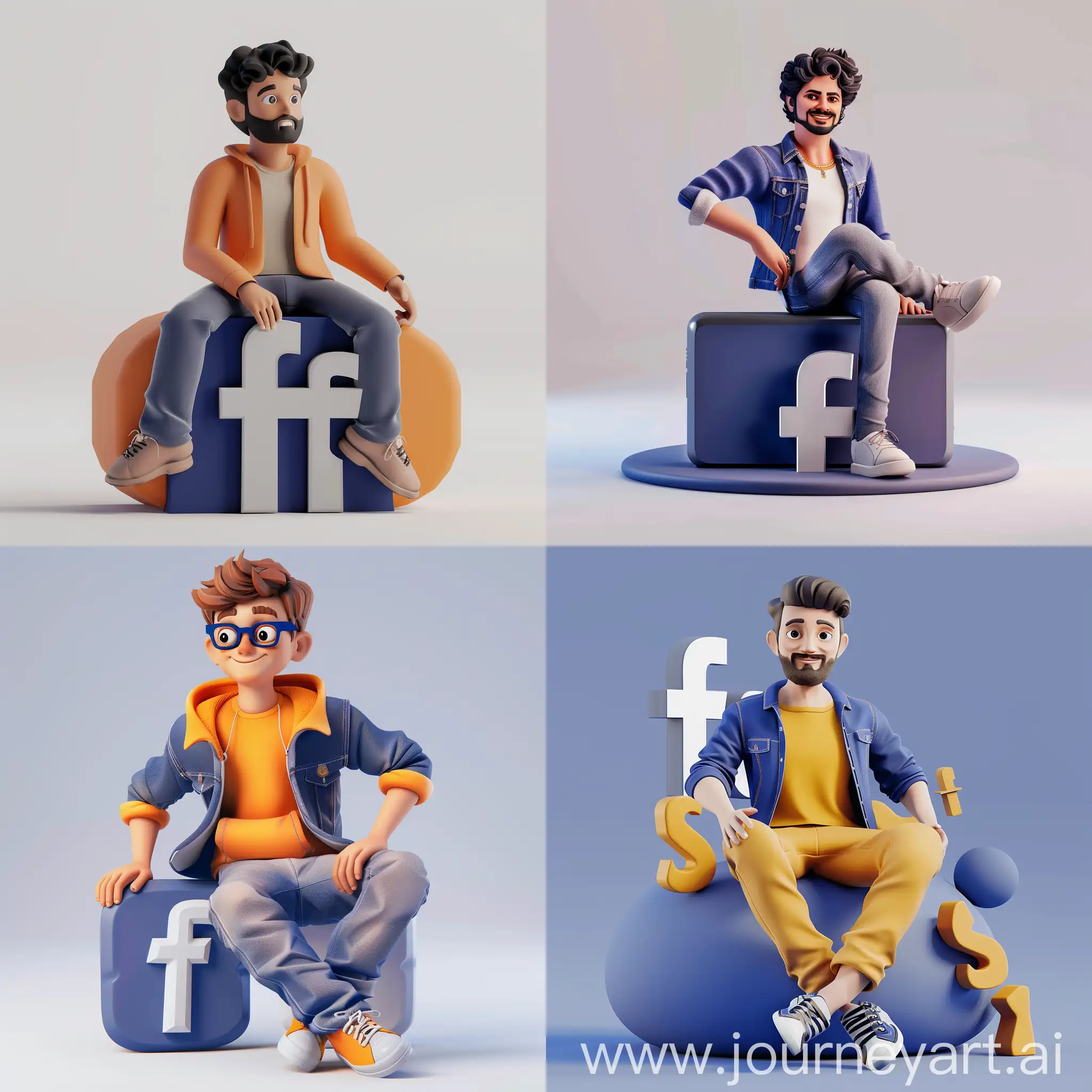 Prompt: "Create a 3D illustration of an animated character of a handsom man sitting casually on top of a social media logo "Facebook". The character must wear modern Indian clothes. The background of the character is mockup of his Facebook profile page with a profile name "Vithusan.S" and a profile picture same as character."