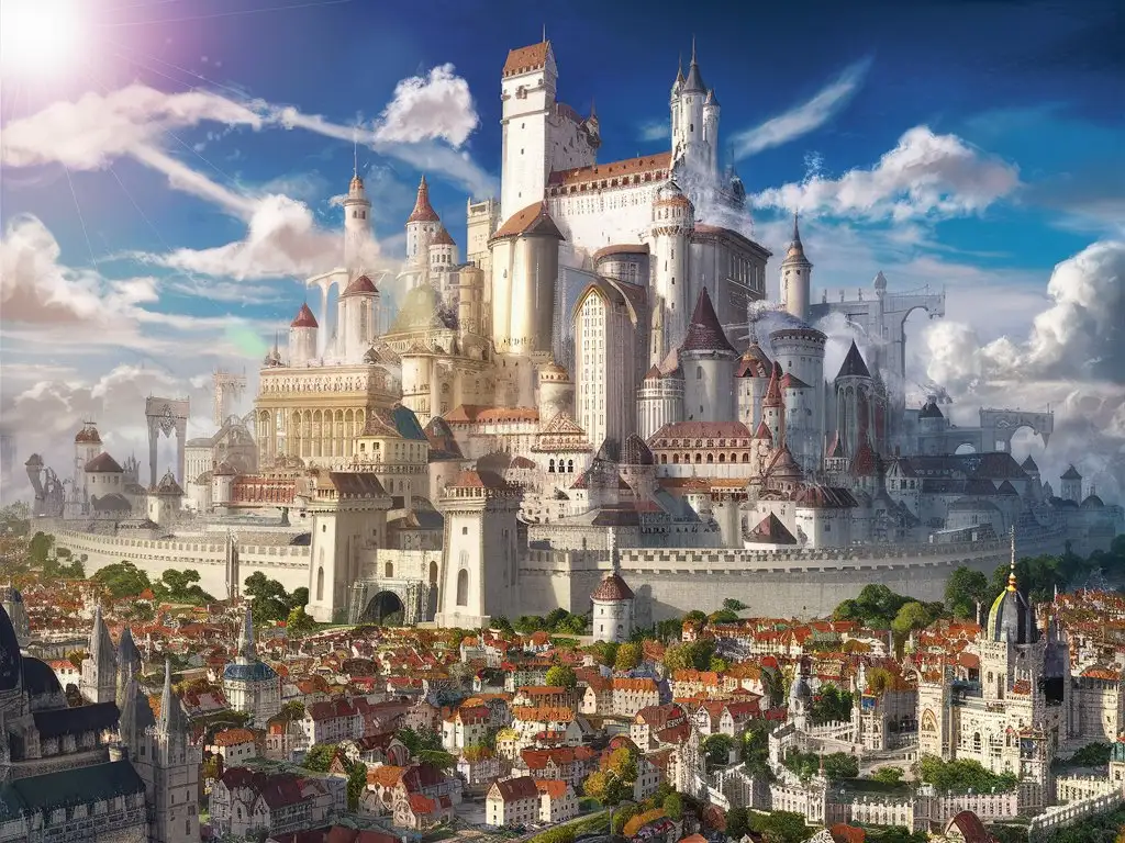 An image of a huge fantasy city and castle, grand, beautiful, architectural masterpiece, bright sun and few clouds, majestic, the capital of this world, high walls, small houses and a royal keep on top, in a detailed fantasy style 