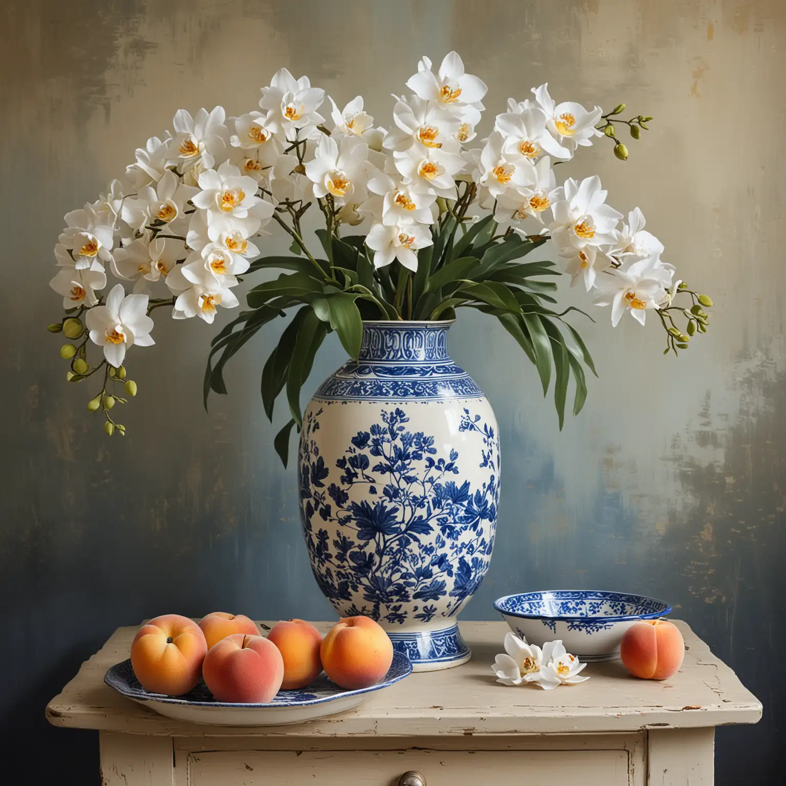 Still Life Painting White Orchids in Blue and White Lantern with Peaches on Tan Table