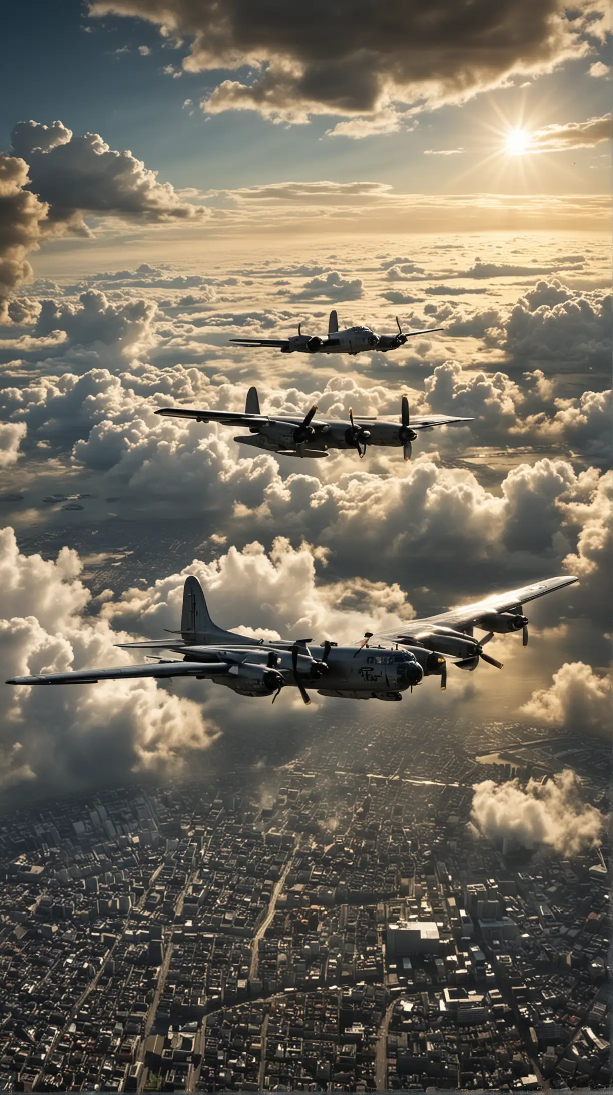 Create a dramatic and detailed image of the American B-29 bomber, "Enola Gay," approaching the city of Hiroshima in the sky. The scene should convey a sense of impending doom and historical significance.

Aircraft in Detail: Depict the B-29 bomber "Enola Gay" in flight, with its distinctive design clearly visible. The aircraft should be flying at a high altitude, with a clear view of its underbelly where the atomic bomb "Little Boy" is housed.
Sky and Clouds: Show the plane soaring through a partly cloudy sky, with the sun rising or early morning light casting a soft glow on the aircraft. The clouds should add depth and dimension to the sky, enhancing the dramatic effect.
City Below: Provide a glimpse of Hiroshima far below, with its buildings, roads, and landmarks faintly visible. The city should appear peaceful and unaware of the impending catastrophe.
Contrasting Emotions: Capture the contrast between the serene beauty of the morning sky and the ominous presence of the bomber, foreshadowing the destruction to come.
Historical Context: Add subtle elements that evoke the historical context, such as the date "August 6, 1945" subtly integrated into the image, or a faint shadow of the aircraft on the ground below, hinting at the momentous event about to unfold. colorful 