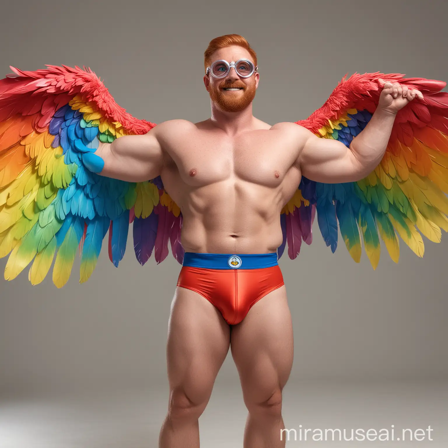 Studio Light Subtle Smile Topless 40s Ultra Beefy Red Head Bodybuilder Daddy Big Eyes with Beard Wearing Multi-Highlighter Bright Rainbow Colored See Through huge Eagle Wings Shoulder Jacket short shorts and Flexing his Big Strong Arm Up with Doraemon Goggles on forehead