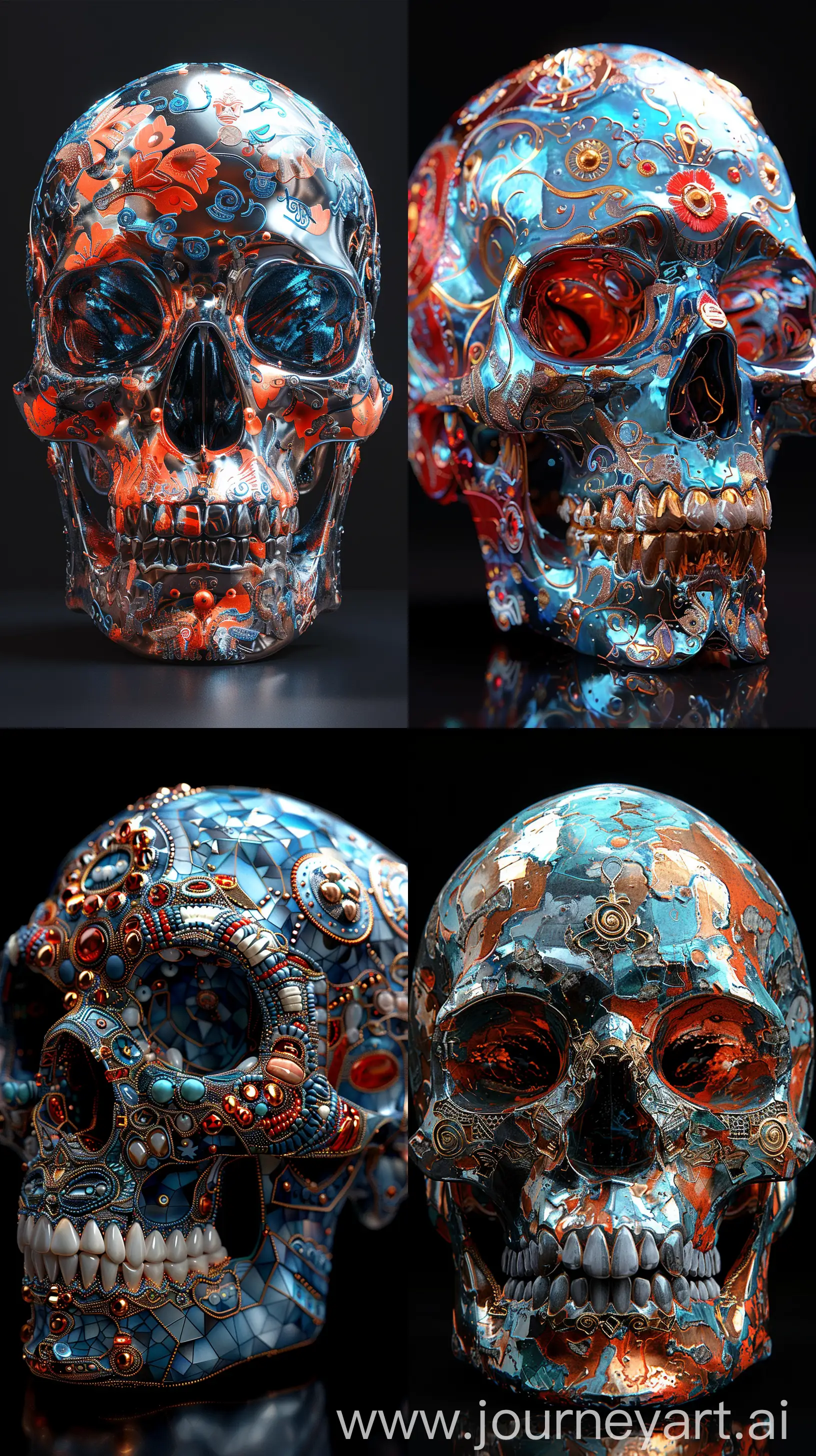 a chromatic skull with a chromatic tribal decoration, high resuliton 3d render, black background --ar 9:16 --stylize 750