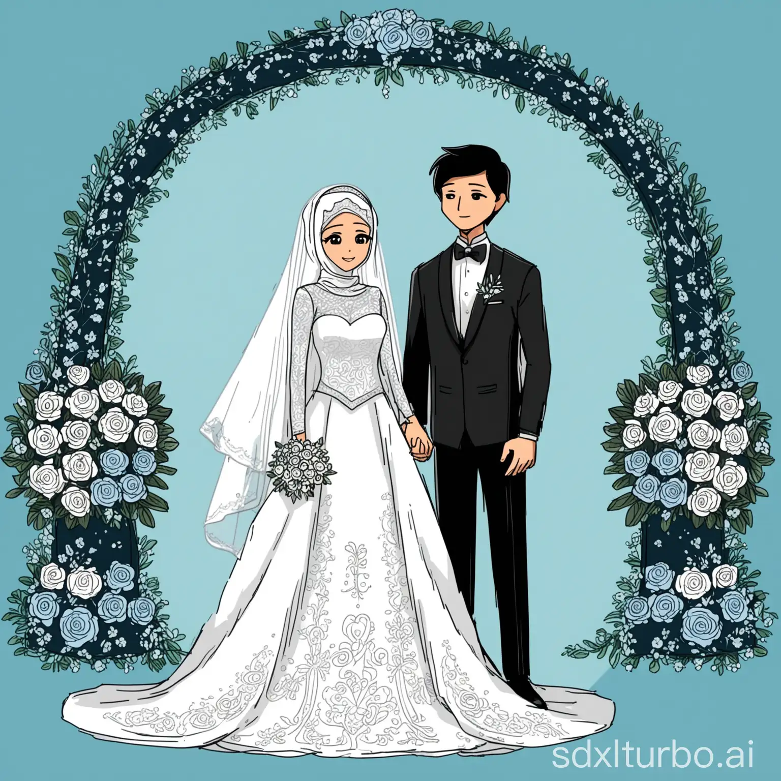 A hand-drawn animation style depiction of a wedding ceremony. The bride, with her flowing, Wearing a hijab, dressed in a traditional white wedding gown embroidered with intricate lace details. The gown has a full skirt, a fitted bodice, and a long veil. The groom, an East Asian man, is wearing a classic black tuxedo paired with a white shirt and a black bow tie. He has short black hair, styled neatly. The background is blue wedding decor, Without anyone behind the couple. Creat full body images