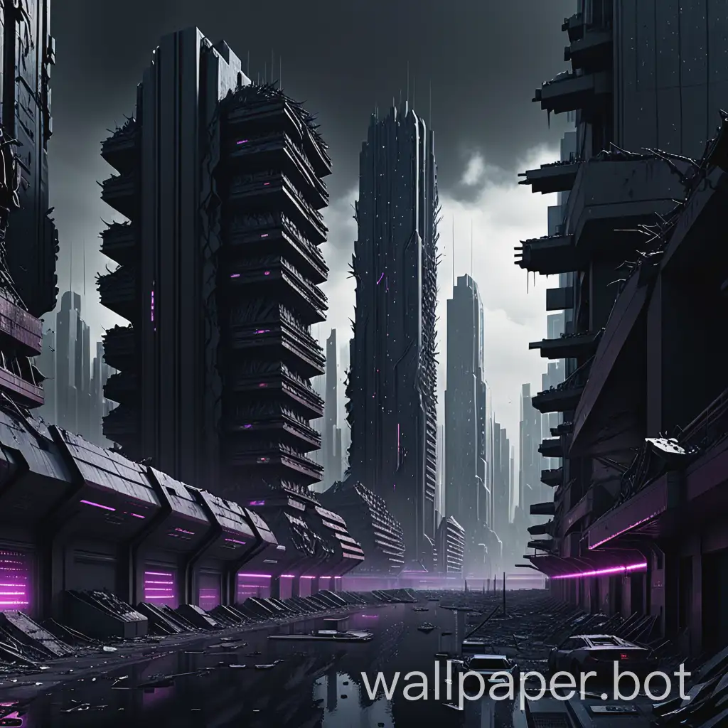 dystopian cyber sci fi realistic city, half destroyed, dark aesthetic, for computer