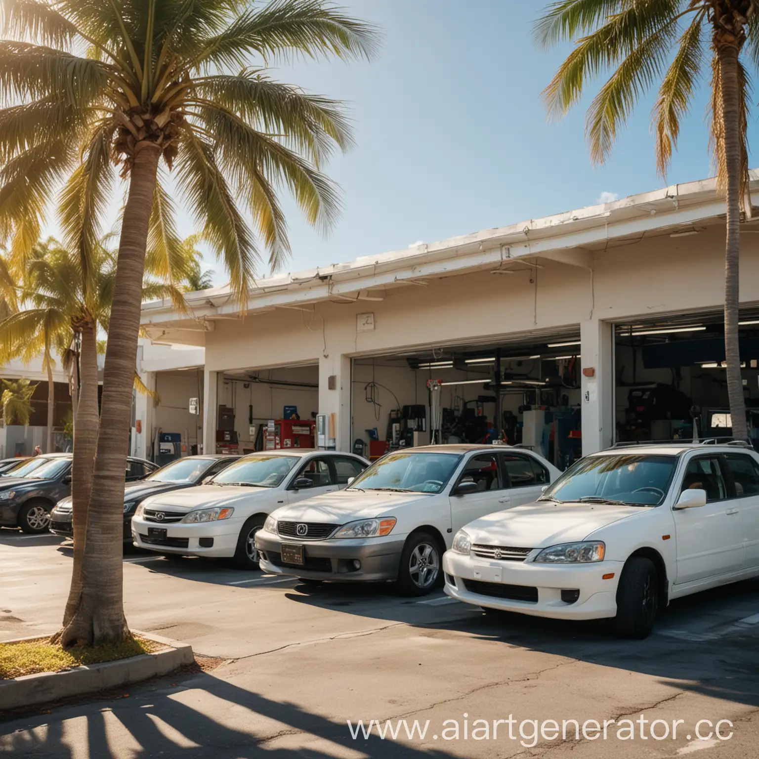 Автосервис в Майами, автосервис, сто, станция технического обслуживания, улица, пальмы, солнечный день, японские автомобили, сервис японских автомобилей, вид с улицы