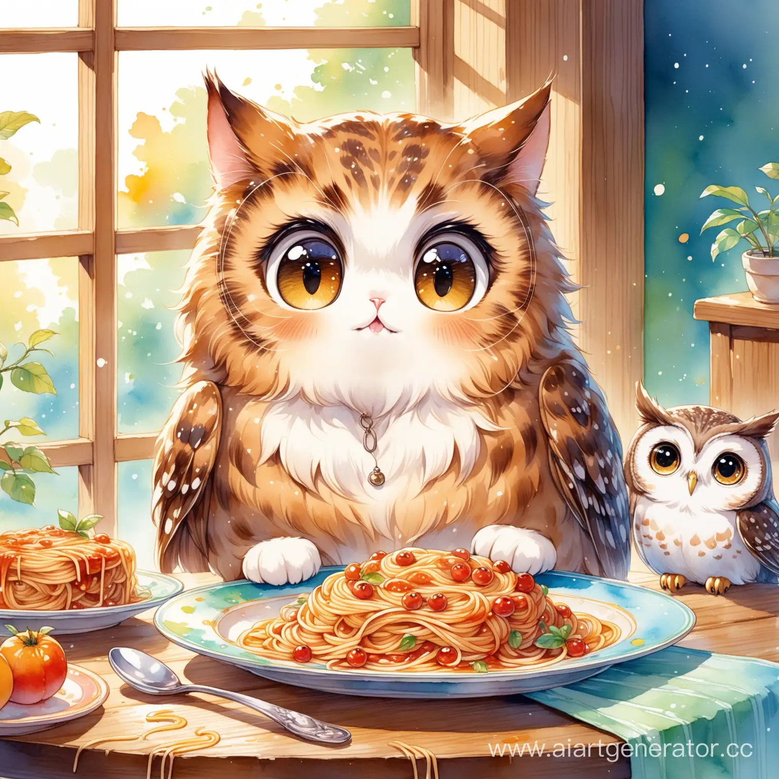 (masterpiece, high detailed art, digital art:1.3), adorable cat enjoying spaghetti from a plate on a table, watercolor splash paint style reminiscent of Yi Inmun's work, (big cute eyes:1.2), fluffy grey fur, delicate whiskers, playful demeanor, cute owl perched nearby, wide-eyed and curious, intricate details on the spaghetti strands, colorful plate, textured wooden table, soft lighting casting warm shadows, whimsical and charming atmosphere, artful splashes of watercolor adding a dreamy quality, playful interaction between the cat and owl, heartwarming scene captured in a detailed and enchanting style.