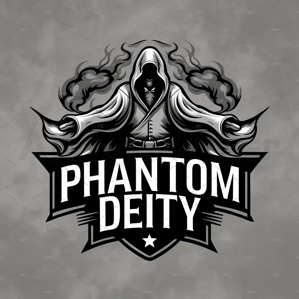 a logo design,with the text "Phantom deity", main symbol:Phantom Figure, Flowing Robes/Cloak, Smoke/Shadows, Bold Typography, Monochromatic Color Scheme, Rapper style, Rapper symbolic,Moderate,be used in Internet industry,clear background