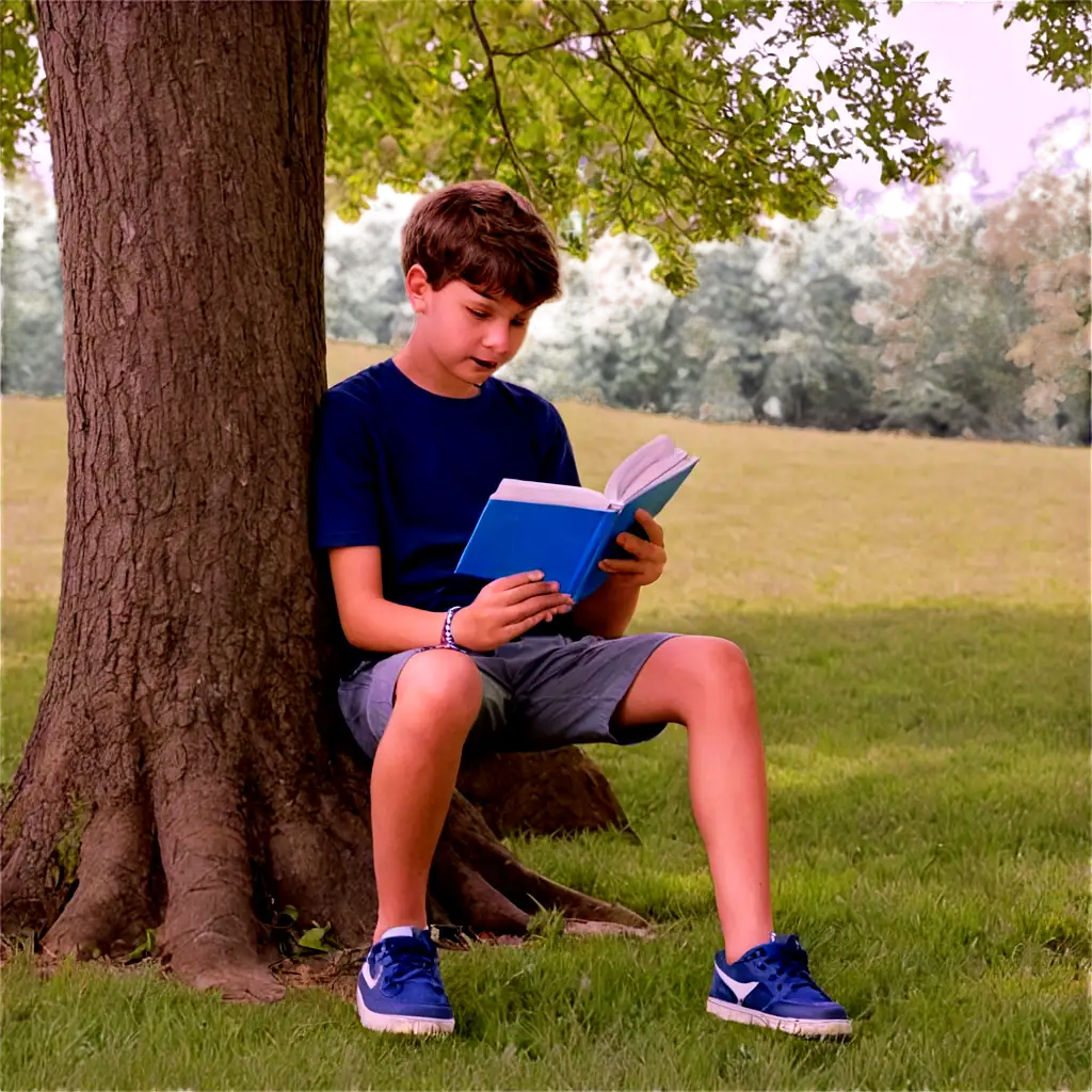 a boy reading under a tree